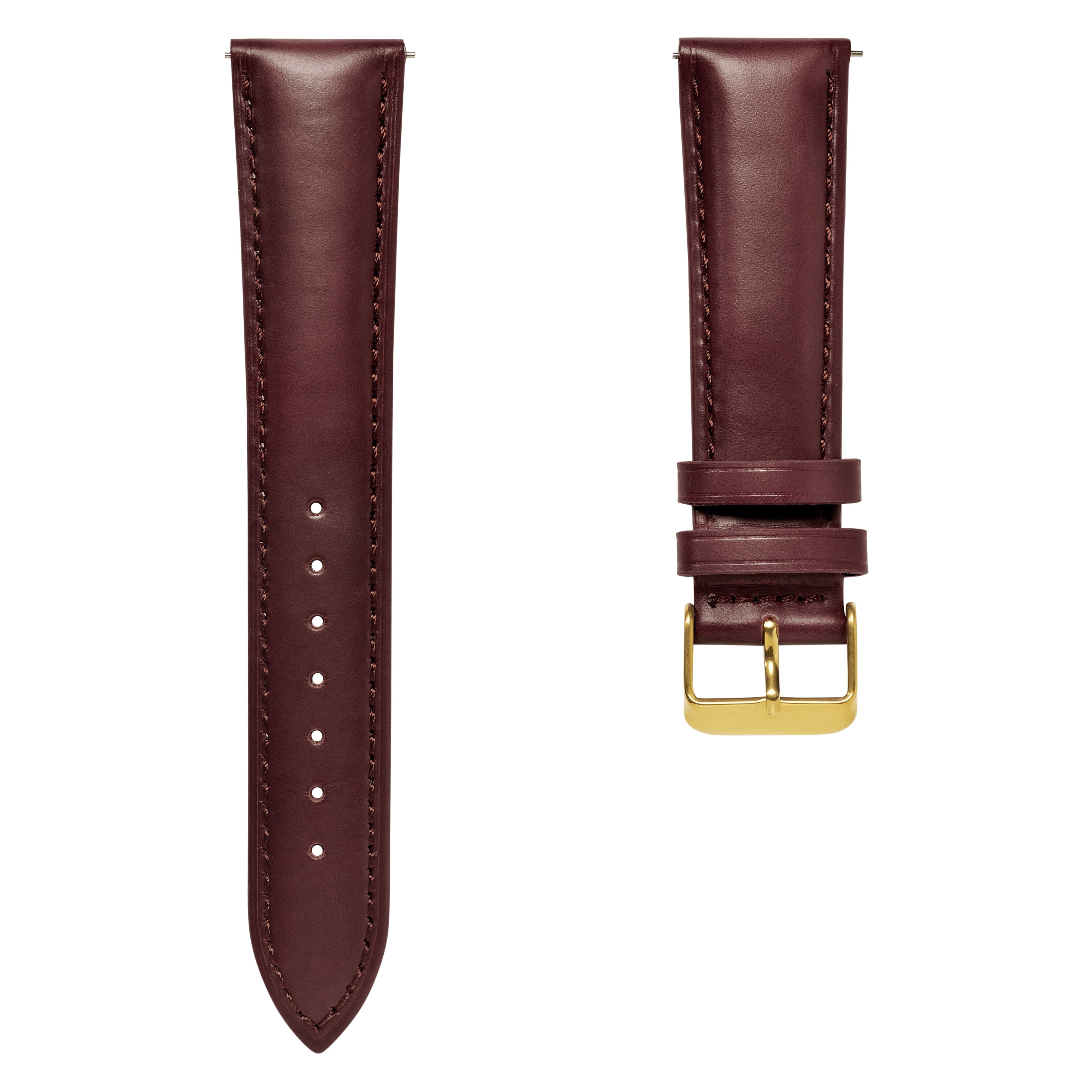 Bracelet de montre en cuir marron foncé  avec boucle dorée et système de dégagement rapide - 21 mm 