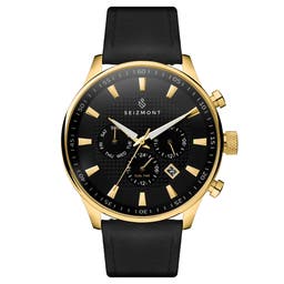 Troika II | Gold-Tone Dual-Time Watch With Black Dial & Black Leather Strap