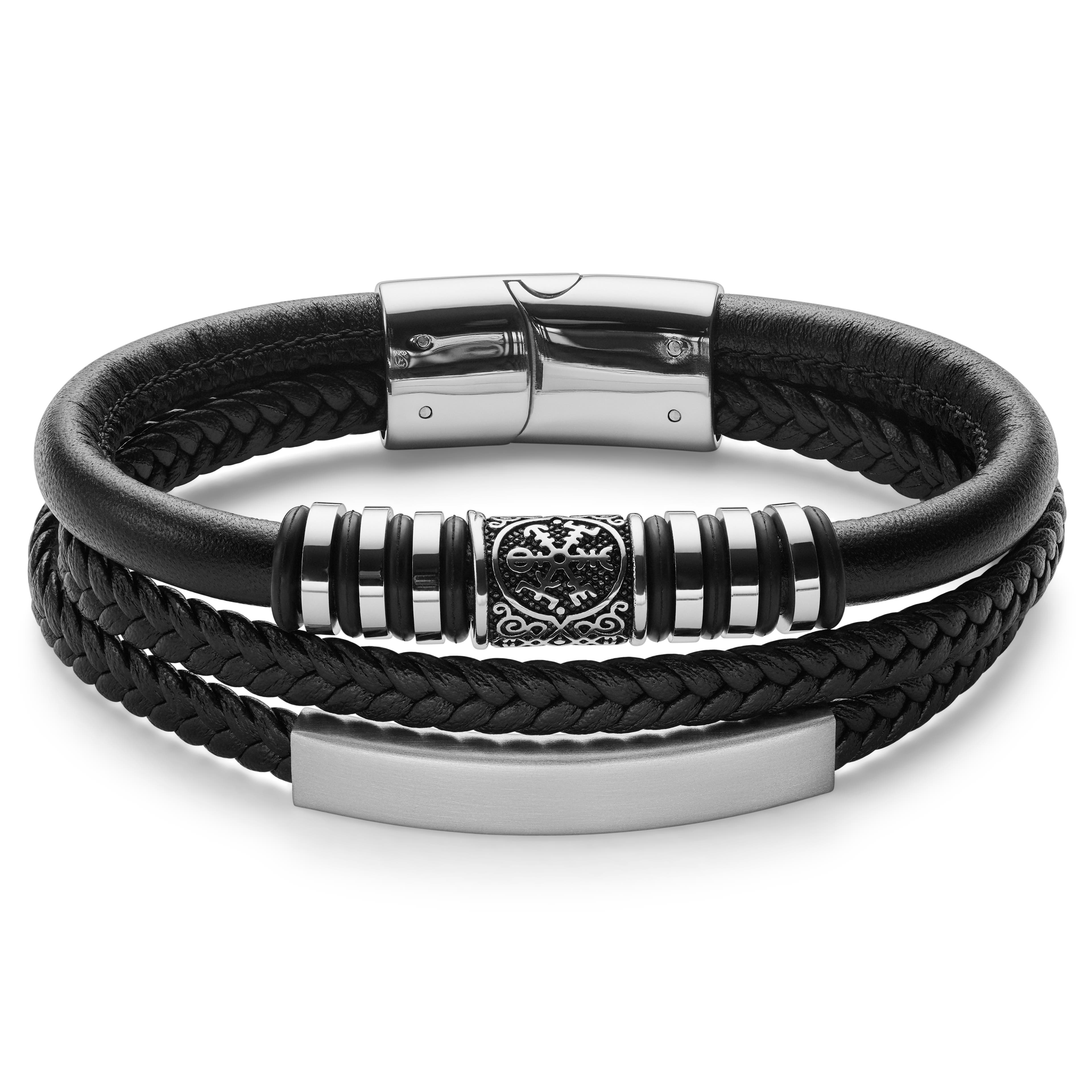 Sudraba krāsas nerūsējošā tērauda un mākslīgās ādas rokassprādze Viking Compass ID Sudraba krāsas nerūsējošā tērauda un mākslīgās ādas rokassprādze Viking Compass ID