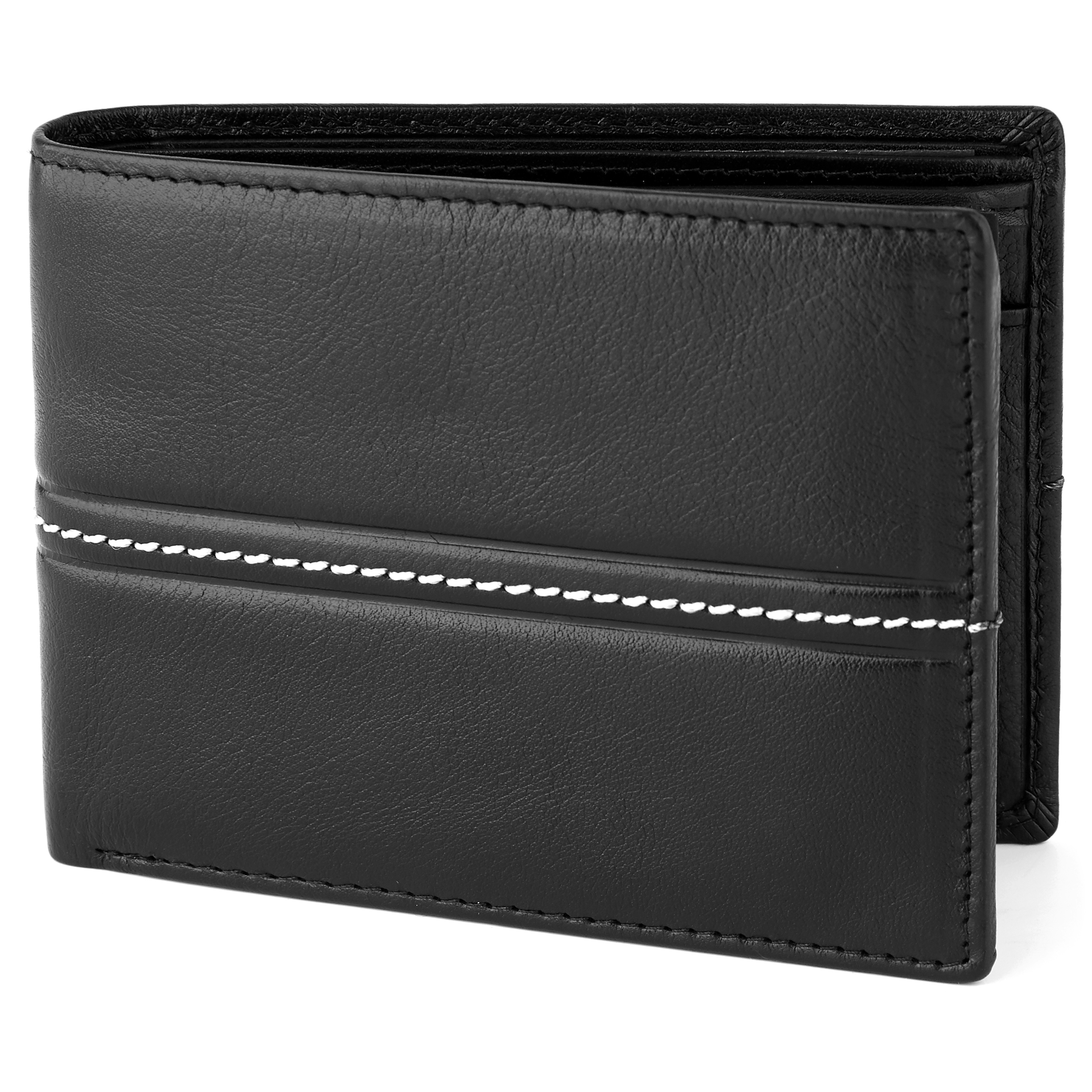 Cartera de doble pliegue de cuero negro con costura Royce - 1