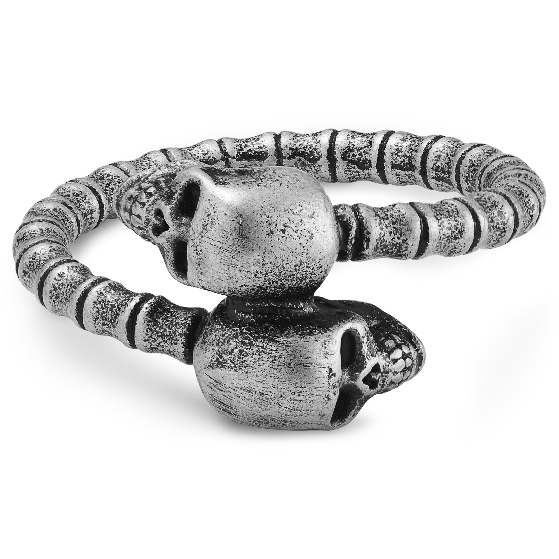 Aspero | Ezüst tónusú rozsdamentes acélgyűrű, egymásba hajtott koponyákkal - 2