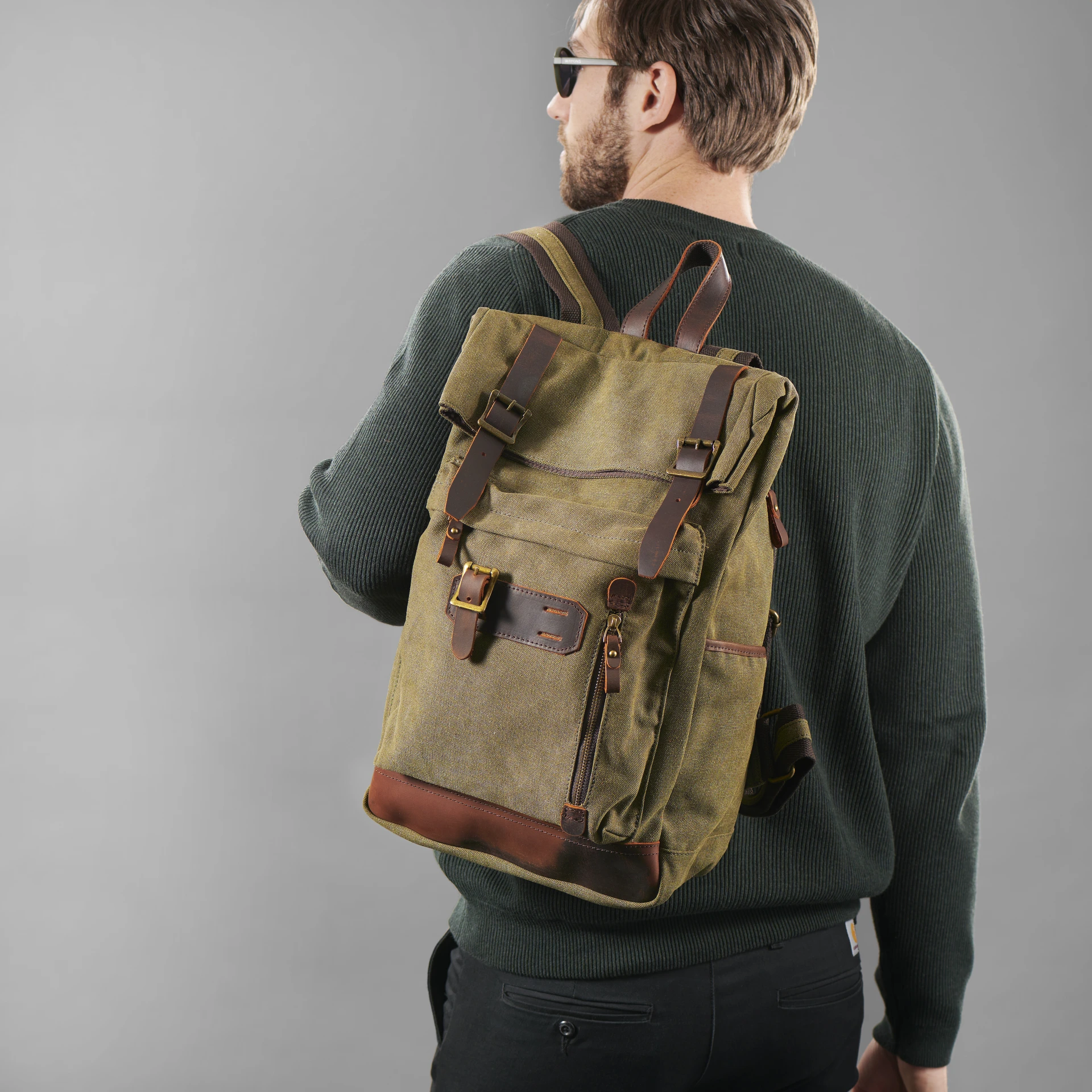 Olive Green Canvas & Taupe Leather Backpack | In stock! | Convey