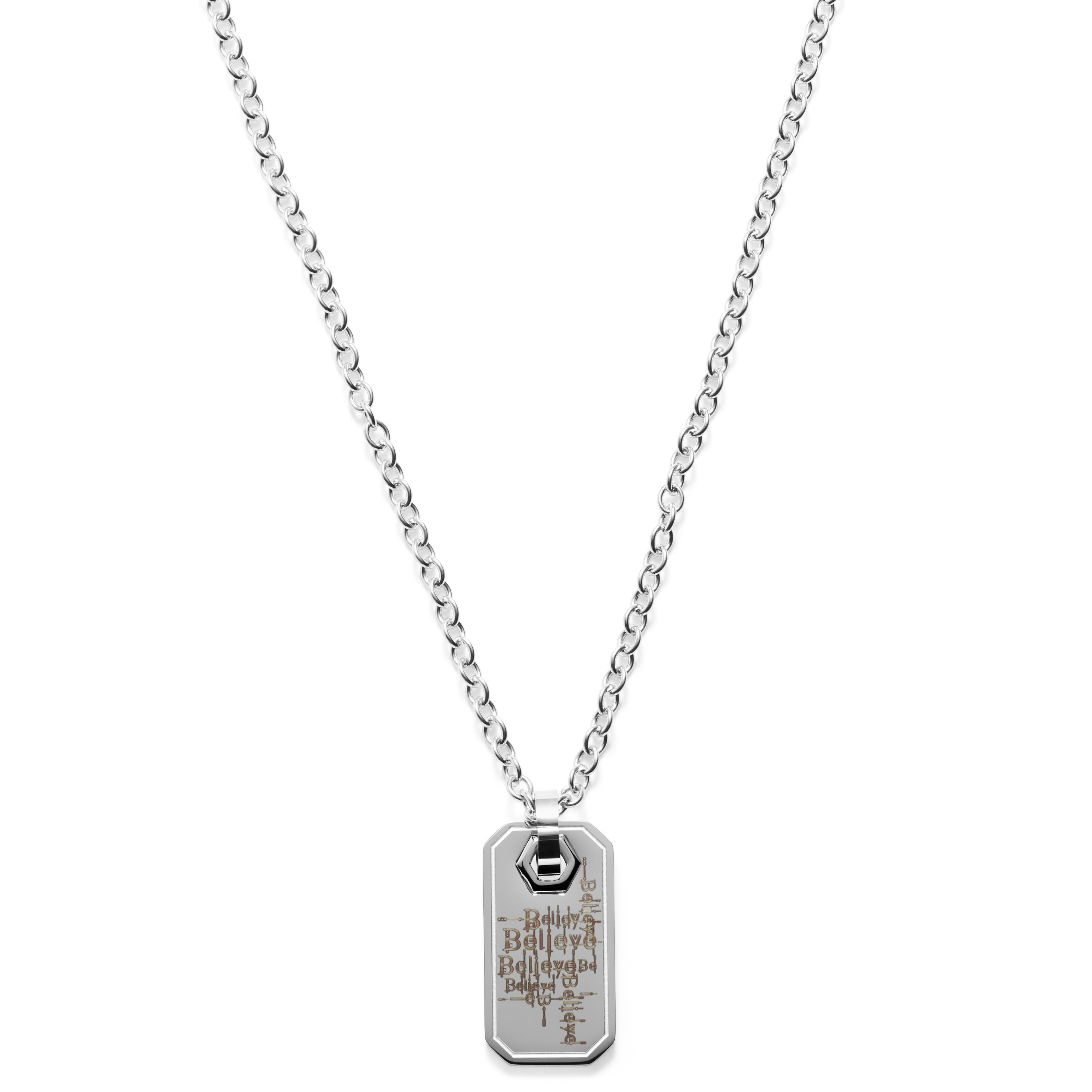 Geoffrey Beene Stainless Steel Men's Engravable Dog Tag Pendant Box Chain  Necklace with Cubic Zirconia Stone