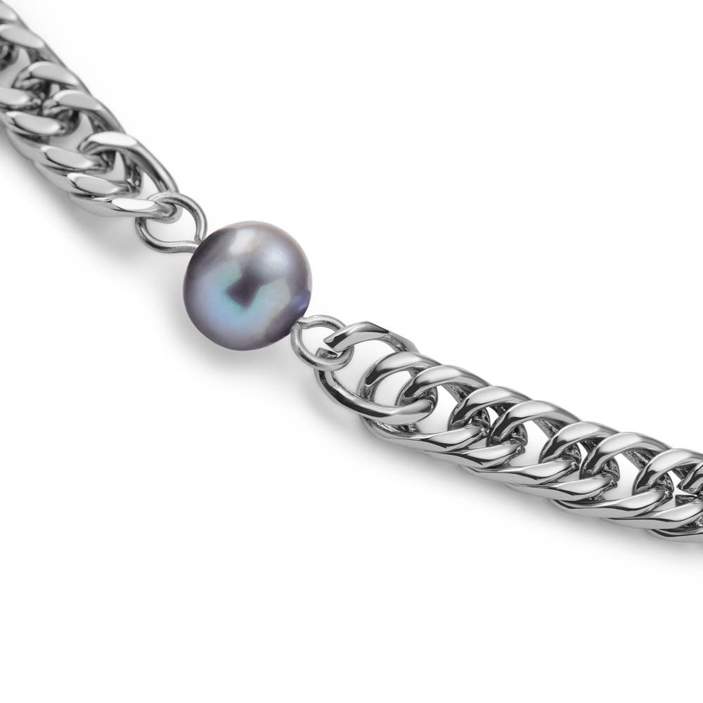 hover: Ocata | Silver-Tone Cuban Chain & Black Pearl Bracelet hover: Ocata | Silver-Tone Cuban Chain & Black Pearl Bracelet