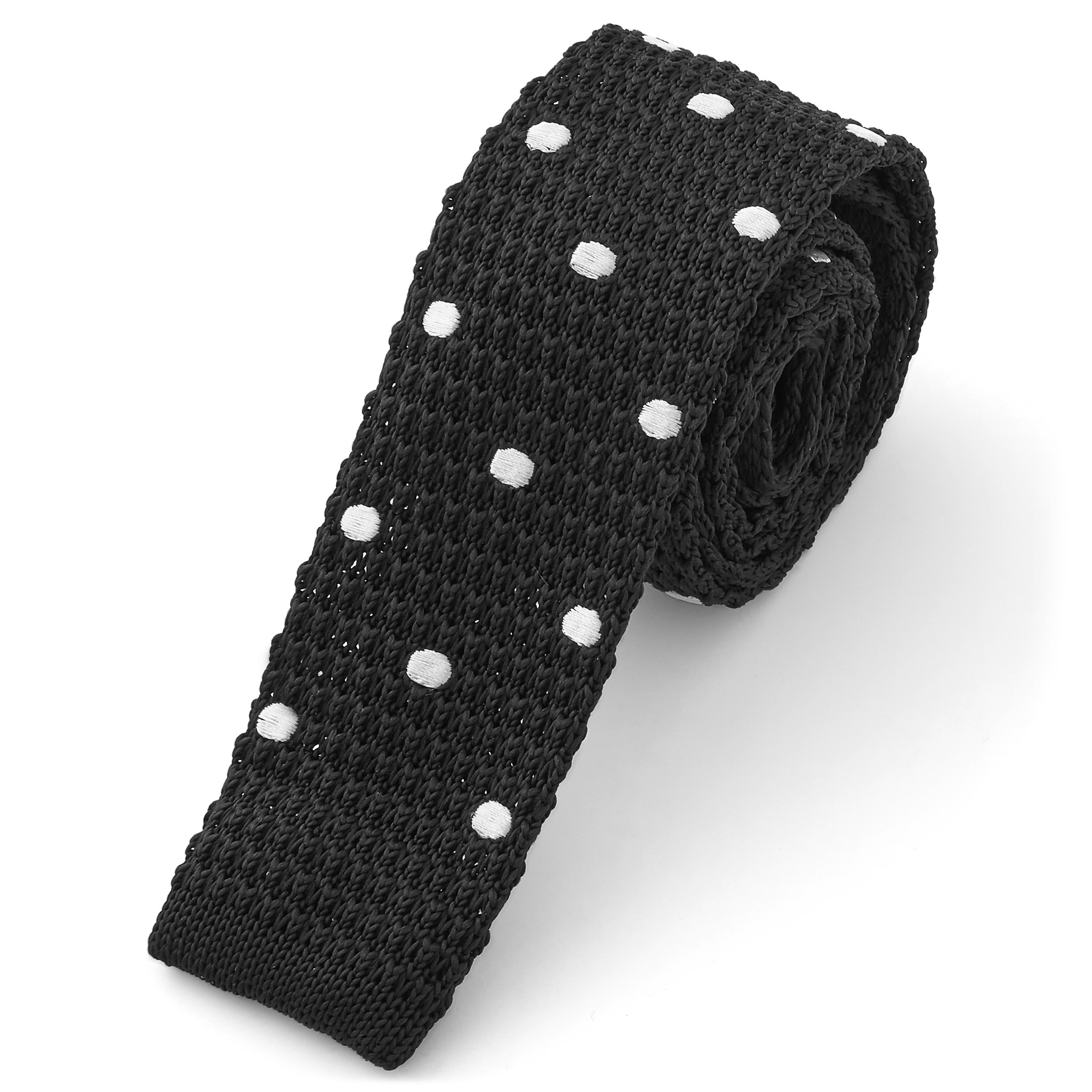 Черна плетена вратовръзка на бели точки