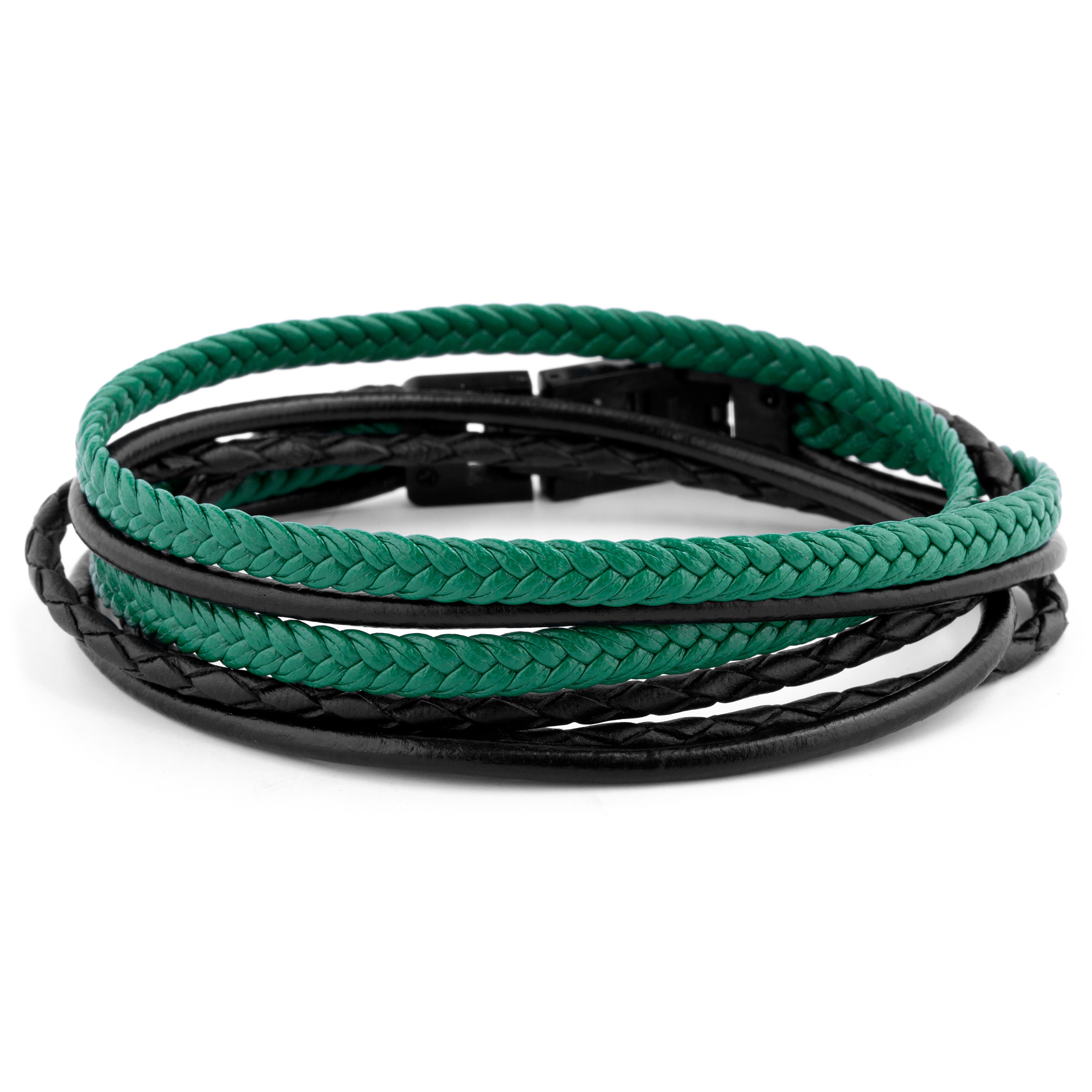 Roy | Black & Green Leather & Stainless Steel Wrap Bracelet