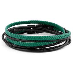 Roy | Black & Green Leather & Stainless Steel Wrap Bracelet