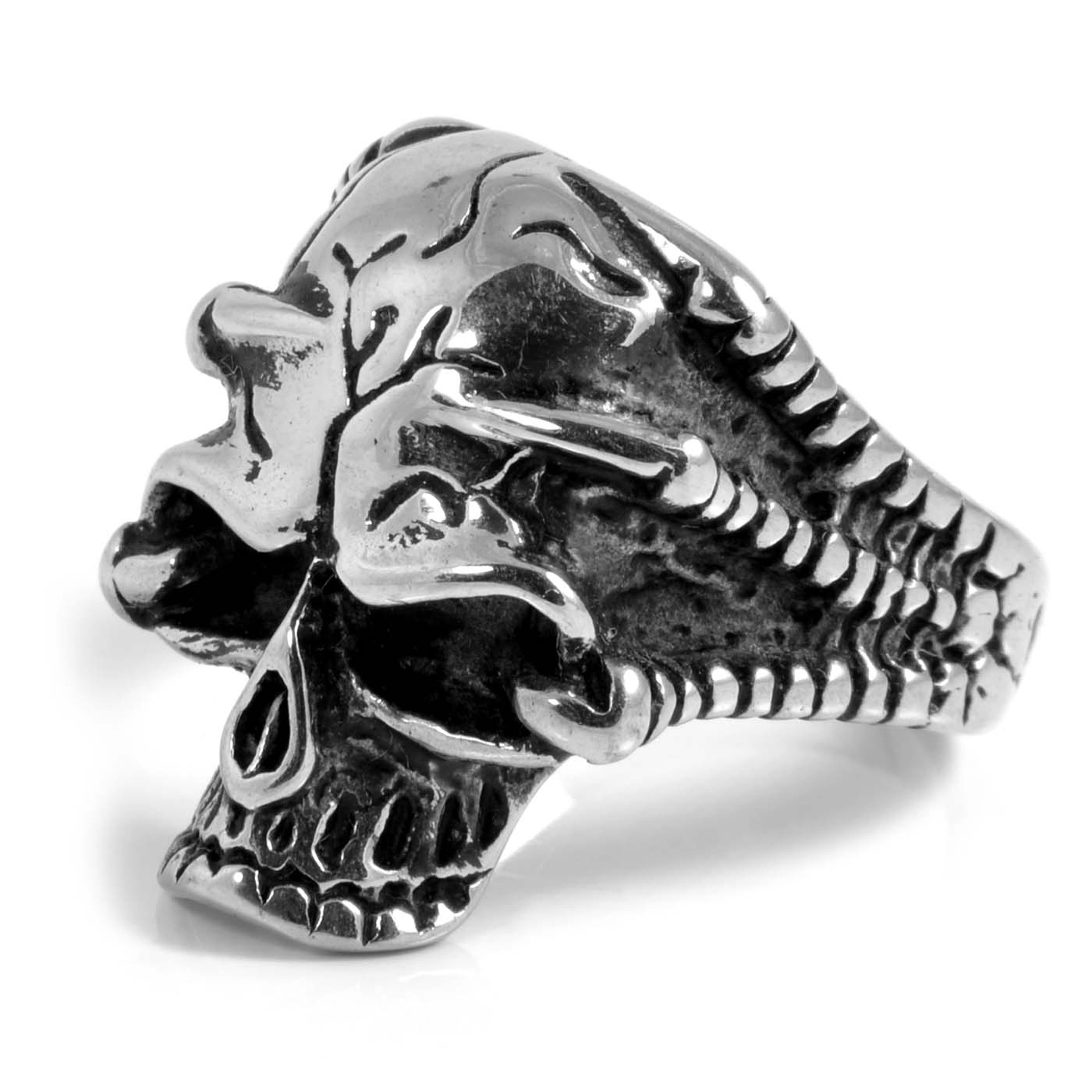Silver-Tone & Black Stainless Steel Aztec Skeleton Skull Ring