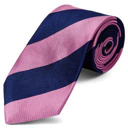 Cravate en soie à rayures rose et bleu marine - 8 cm