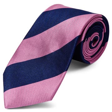 Růžová a námořnicky modrá pruhovaná hedvábná 8cm kravata