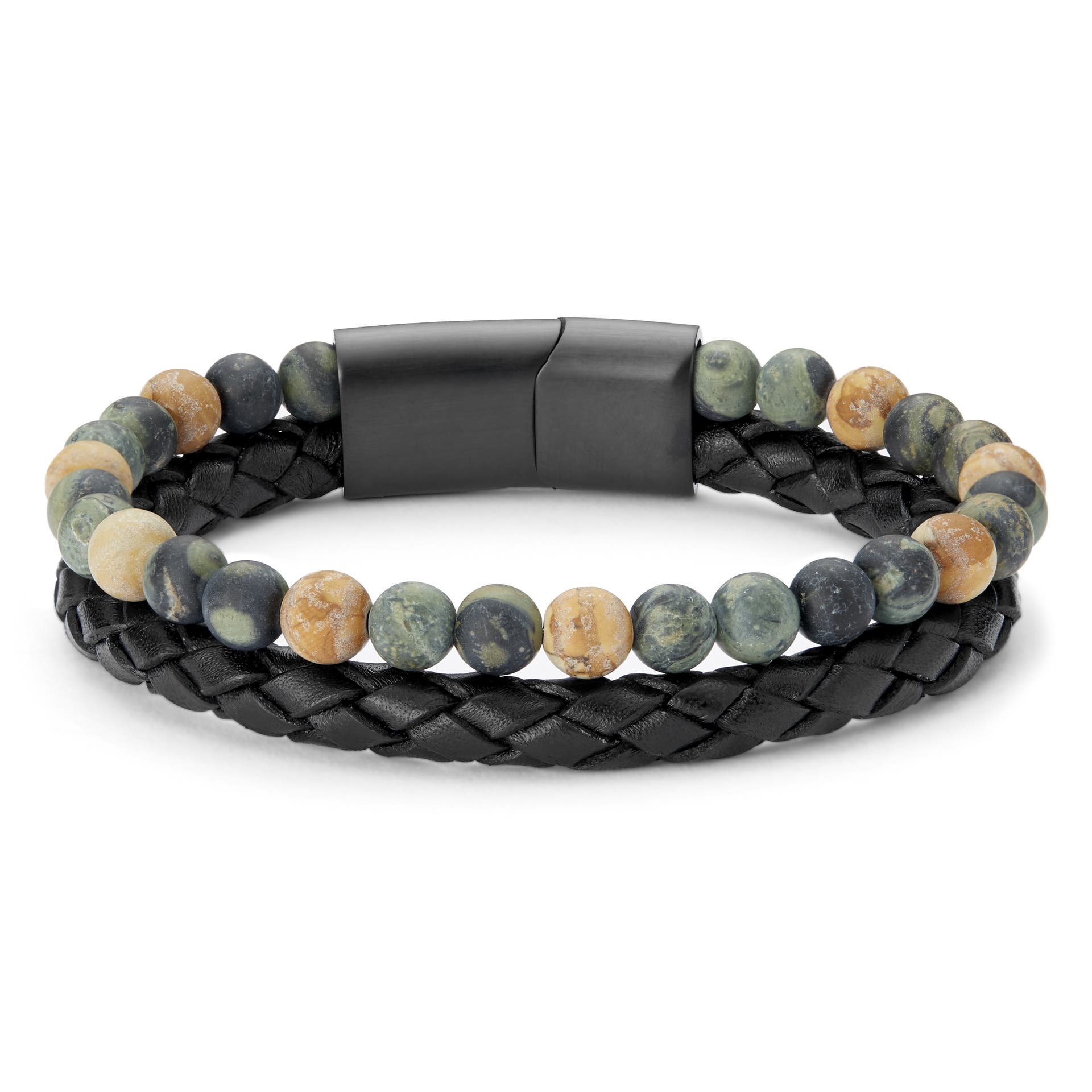 Icon | Black Leather & Green Stone Double Bracelet | In stock! | Lucleon