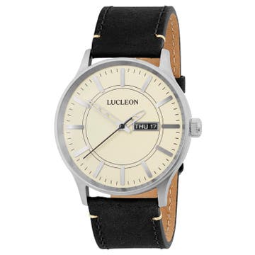 Grover | Silver-Tone Day-Date Watch With Champagne Dial, Black Details & Black Leather Strap