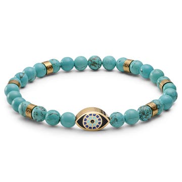 Evil Eye | Bracelet en perles de turquoise avec pendentifs dorés-  6 mm