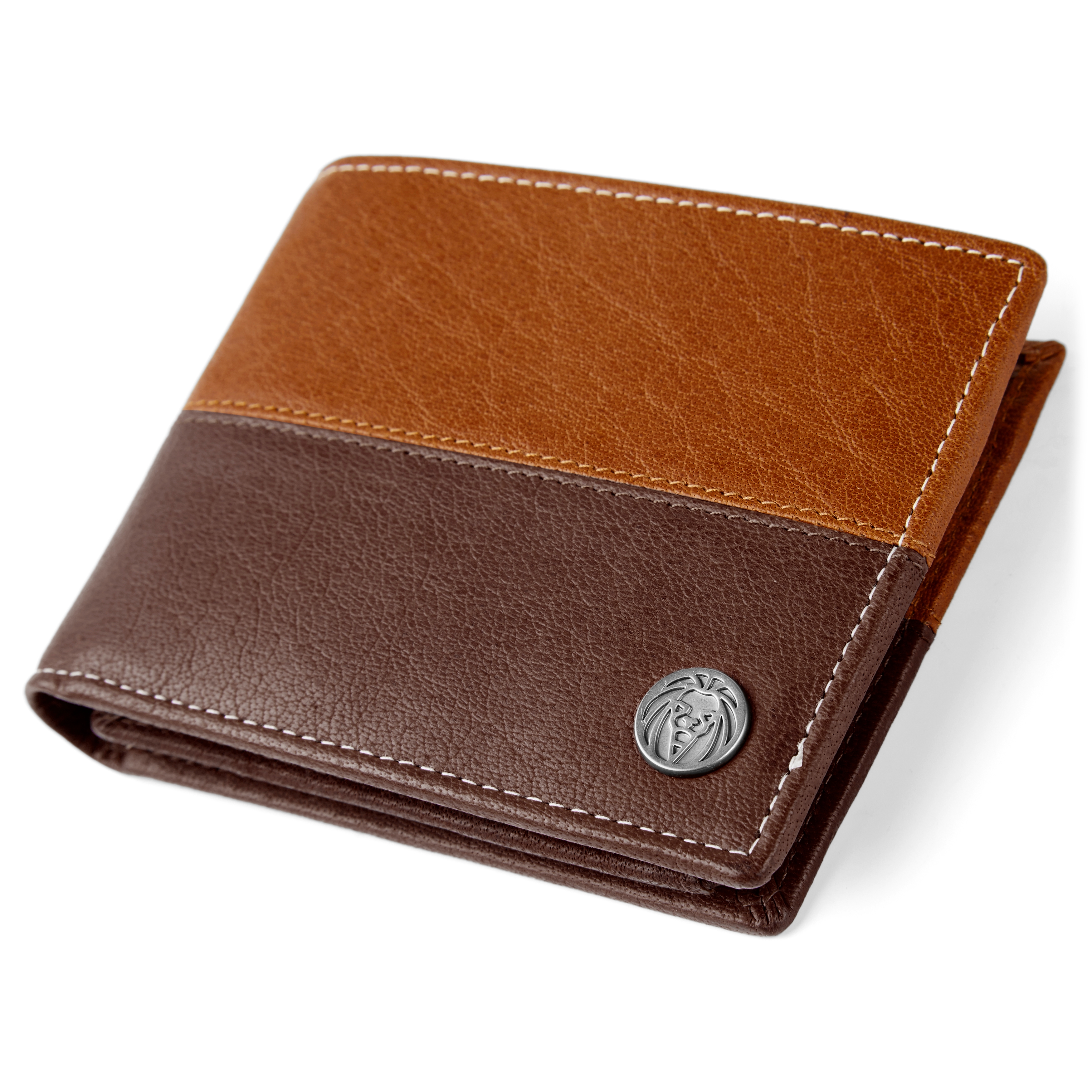 Cartera de cuero marrón y canela con costuras Oxford - 5