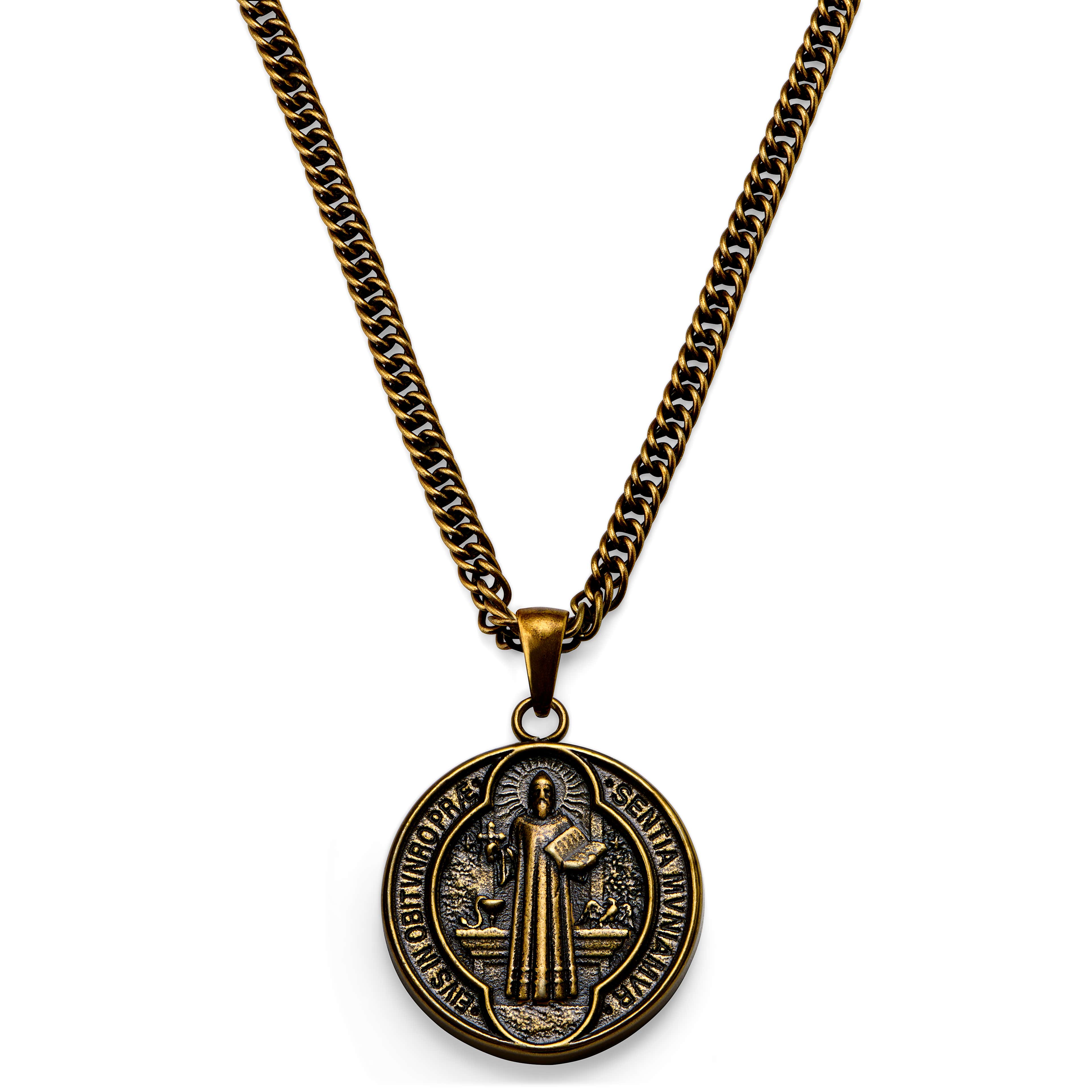 Sanctus | Vintage náhrdelník v zlatej farbe s medailónom so Sv. Benediktom 