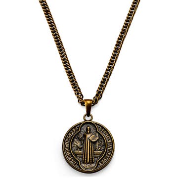 Sanctus | Vintage Gold-Tone St. Benedict Medal Wheat Chain Necklace