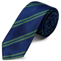 Gravata em Seda Azul Escura com Risca Dupla Verde de 6 cm