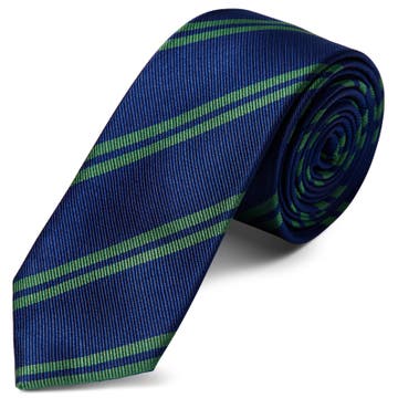 Tengerészkék-dupla zöld csíkos selyem nyakkendő - 6 cm