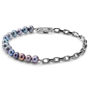 Ocata | Silver-Tone Anchor Chain & Black Pearl Bracelet