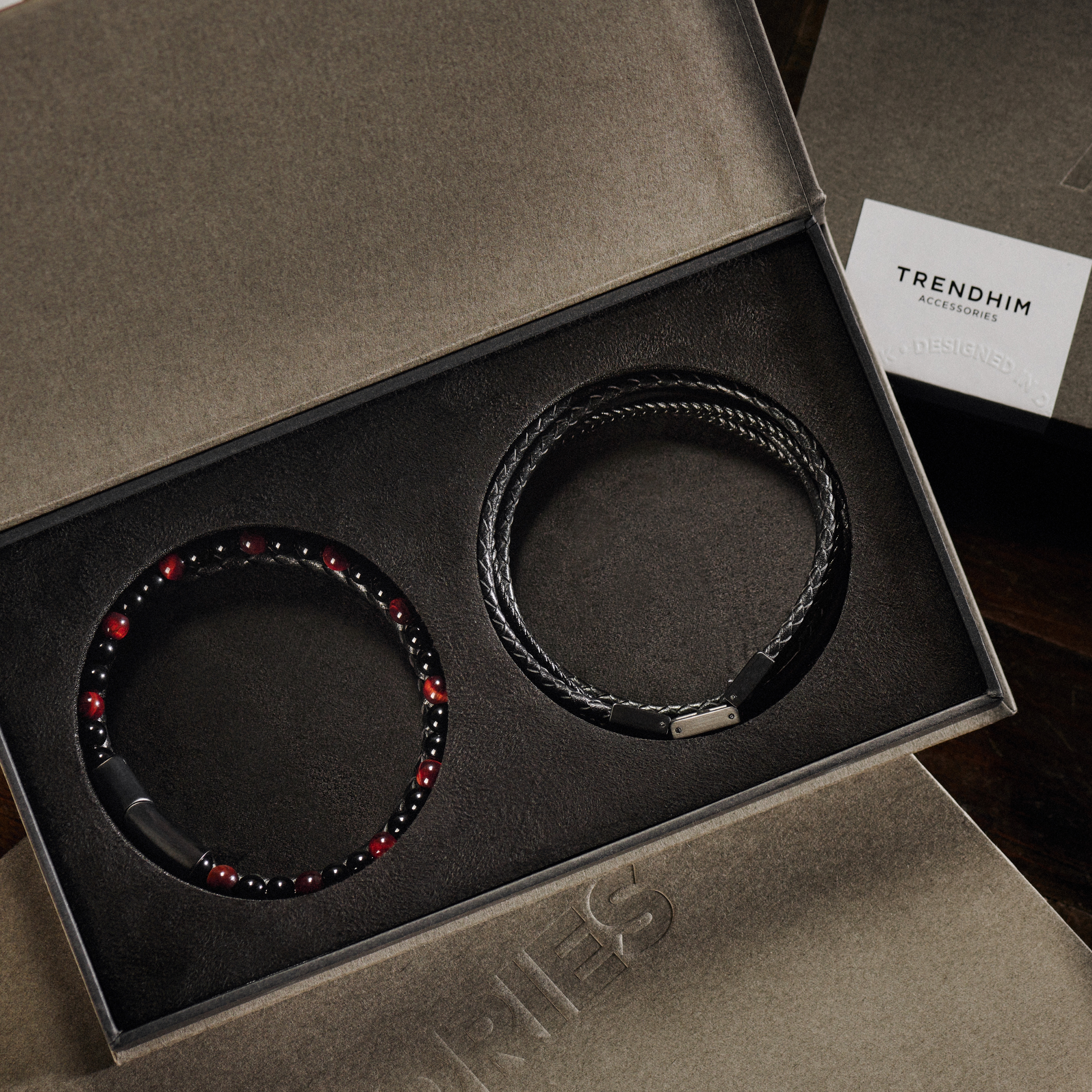 Red Tiger's Eye & Black Leather Bracelet Gift Box - 6