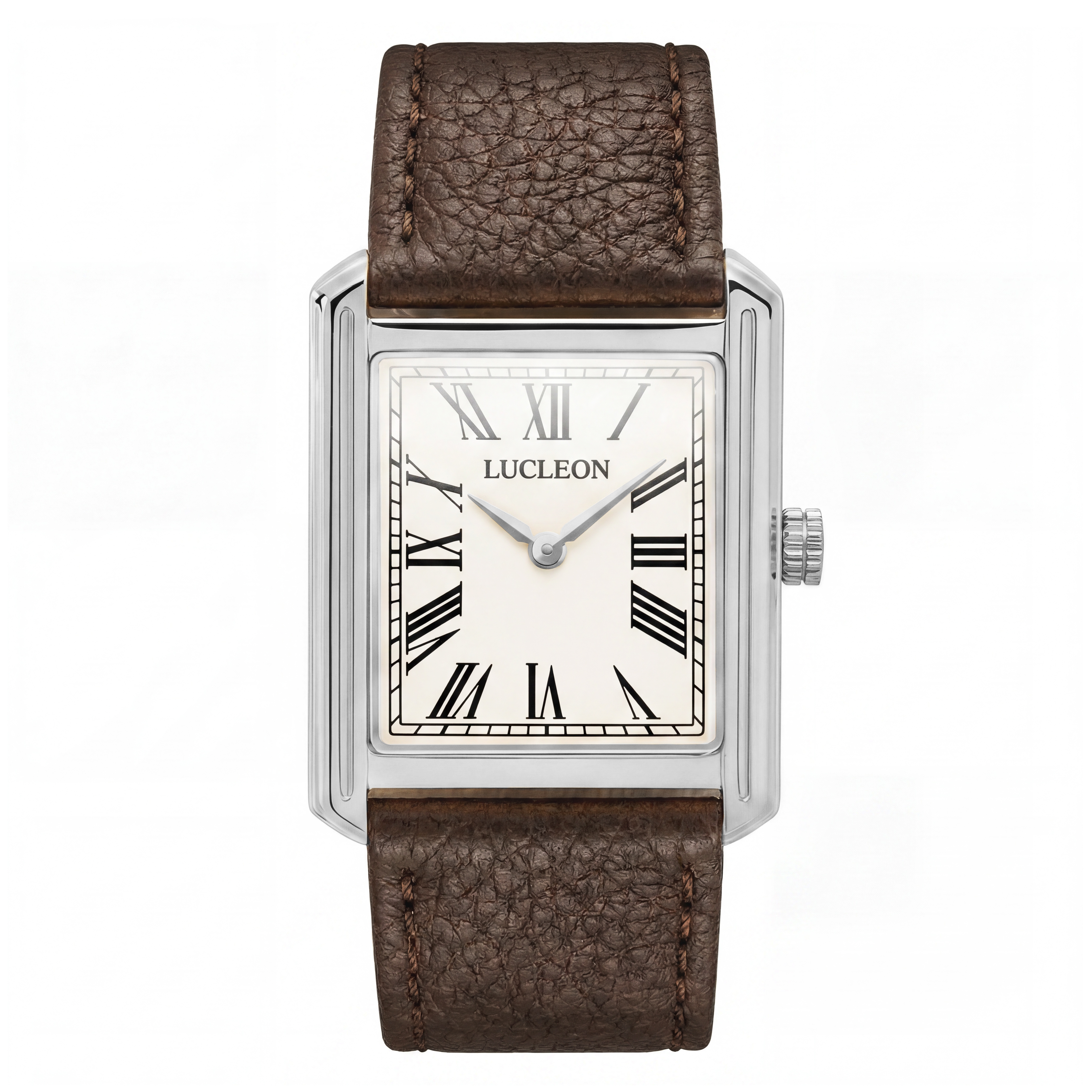 Legacy | Retro Sølvtonet Firkantet Ur med Cremefarvet Urskive, Romertal & Brun Læderrem