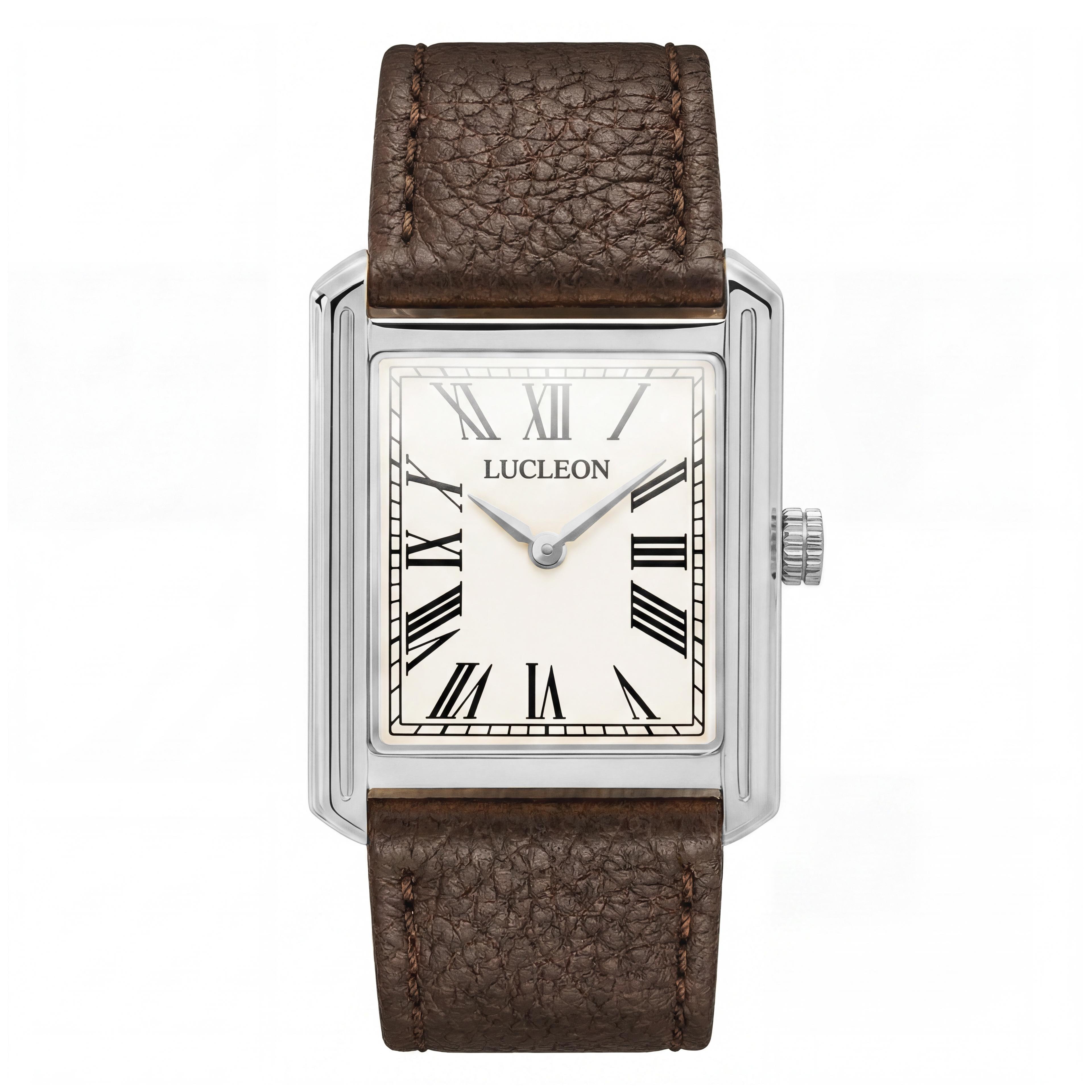Legacy | Retro Sølvtonet Firkantet Ur med Cremefarvet Urskive, Romertal & Brun Læderrem - 1