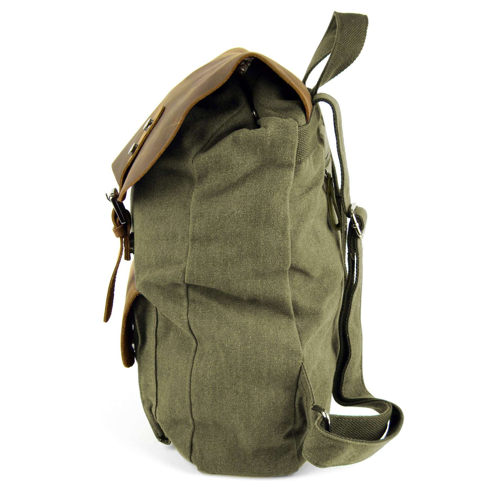 Olive Green Canvas & Dark Earth Leather Pull-up Backpack | In stock ...