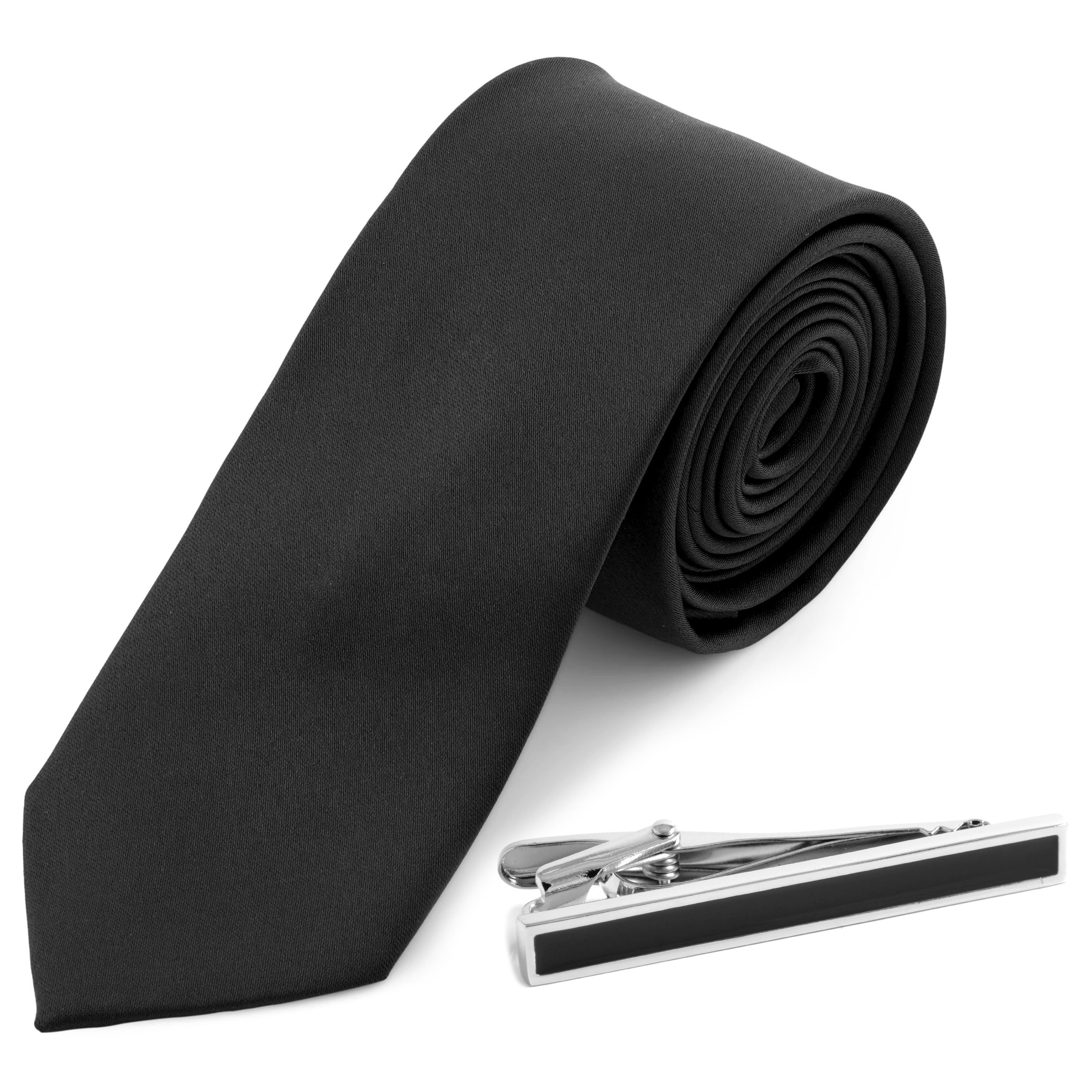 Schwarze Krawatte und silberfarbene Krawattenklammer Set