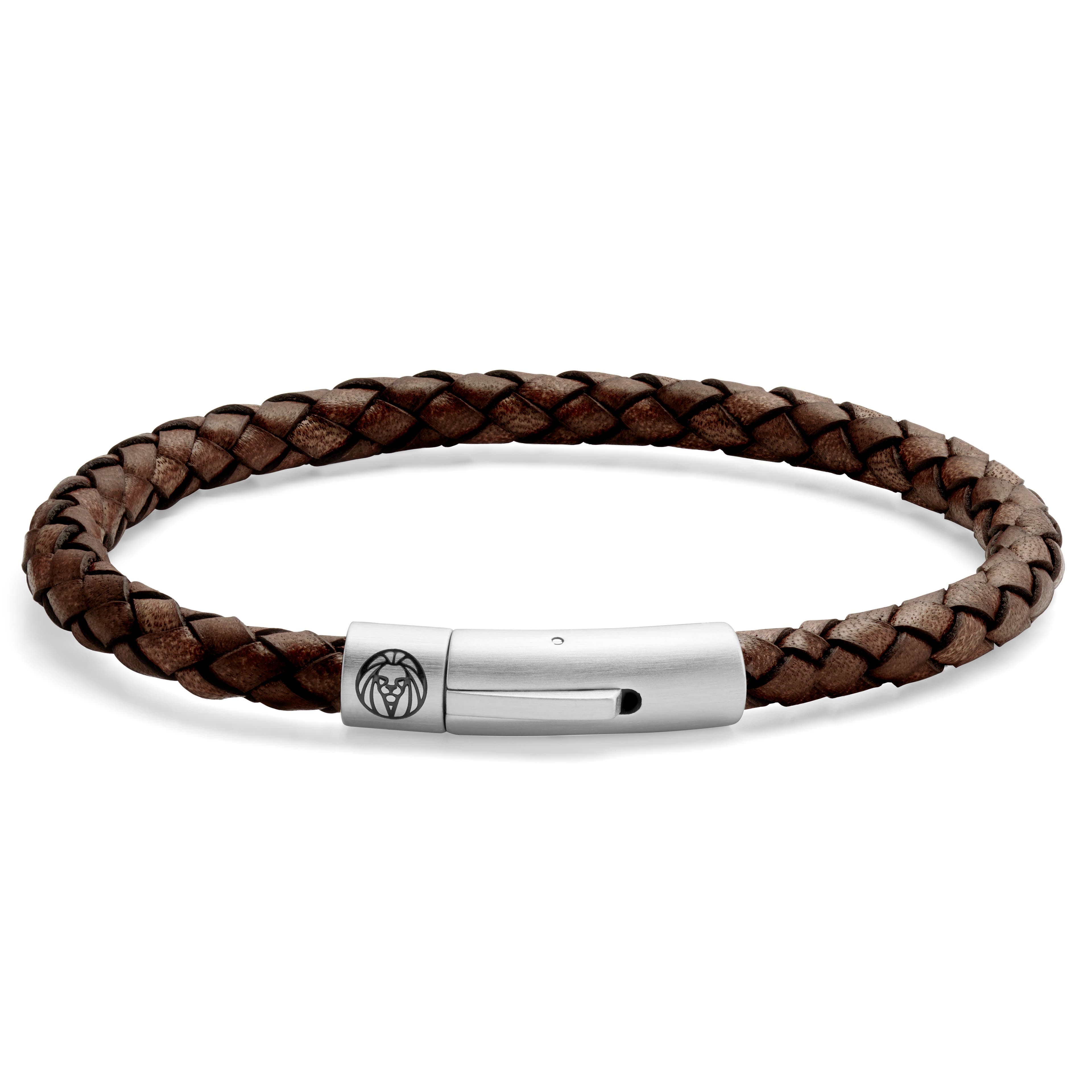 Brown Leather Bracelet, Stainless Steel Clasp, Genuine 8mm Braided Leather Cord, Mens Bracelet