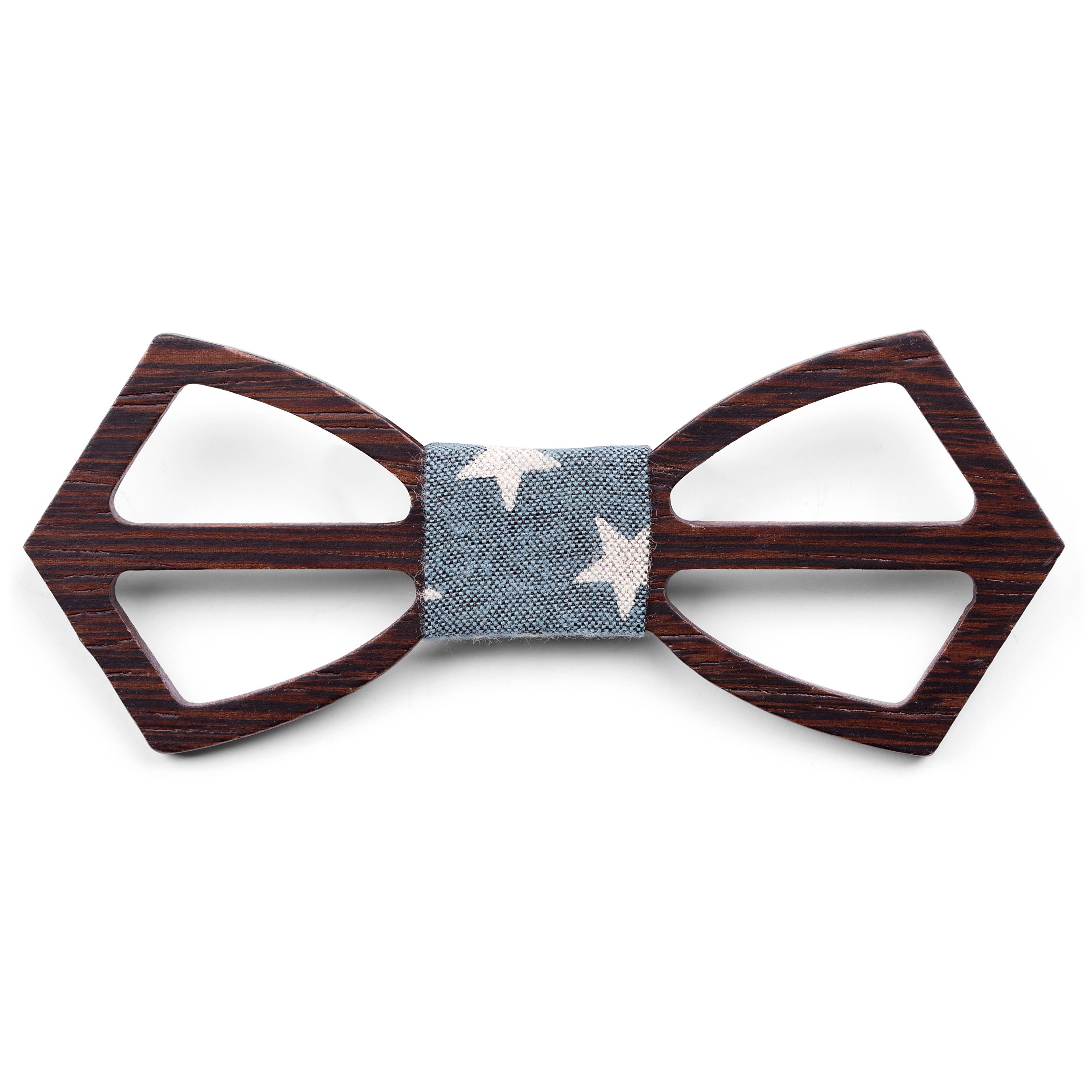 California Wenge Wood Bow Tie with Sky Blue & White Stars Fabric Detail