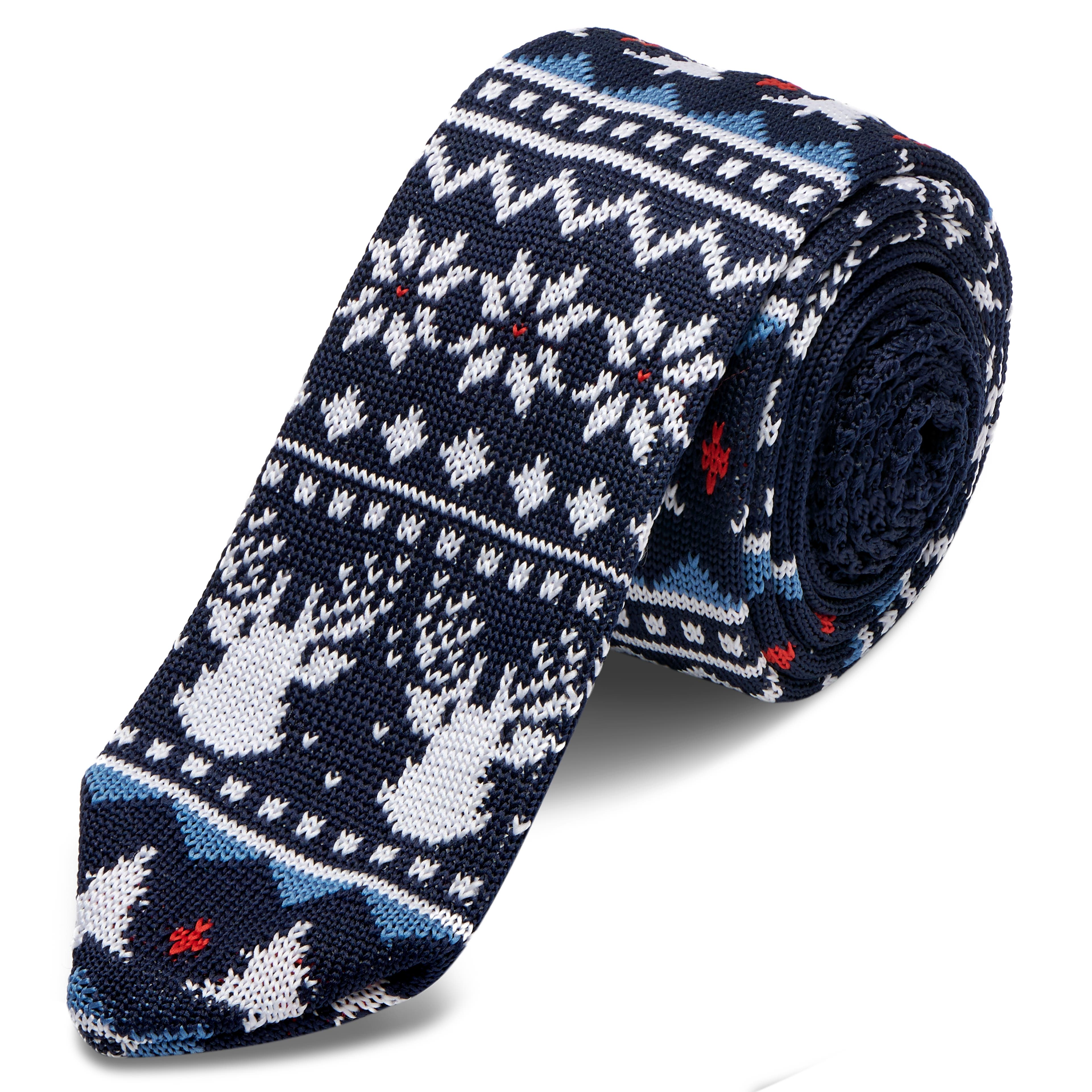 Námořnicky modrá pletená kravata se vzorem vánočního svetru  