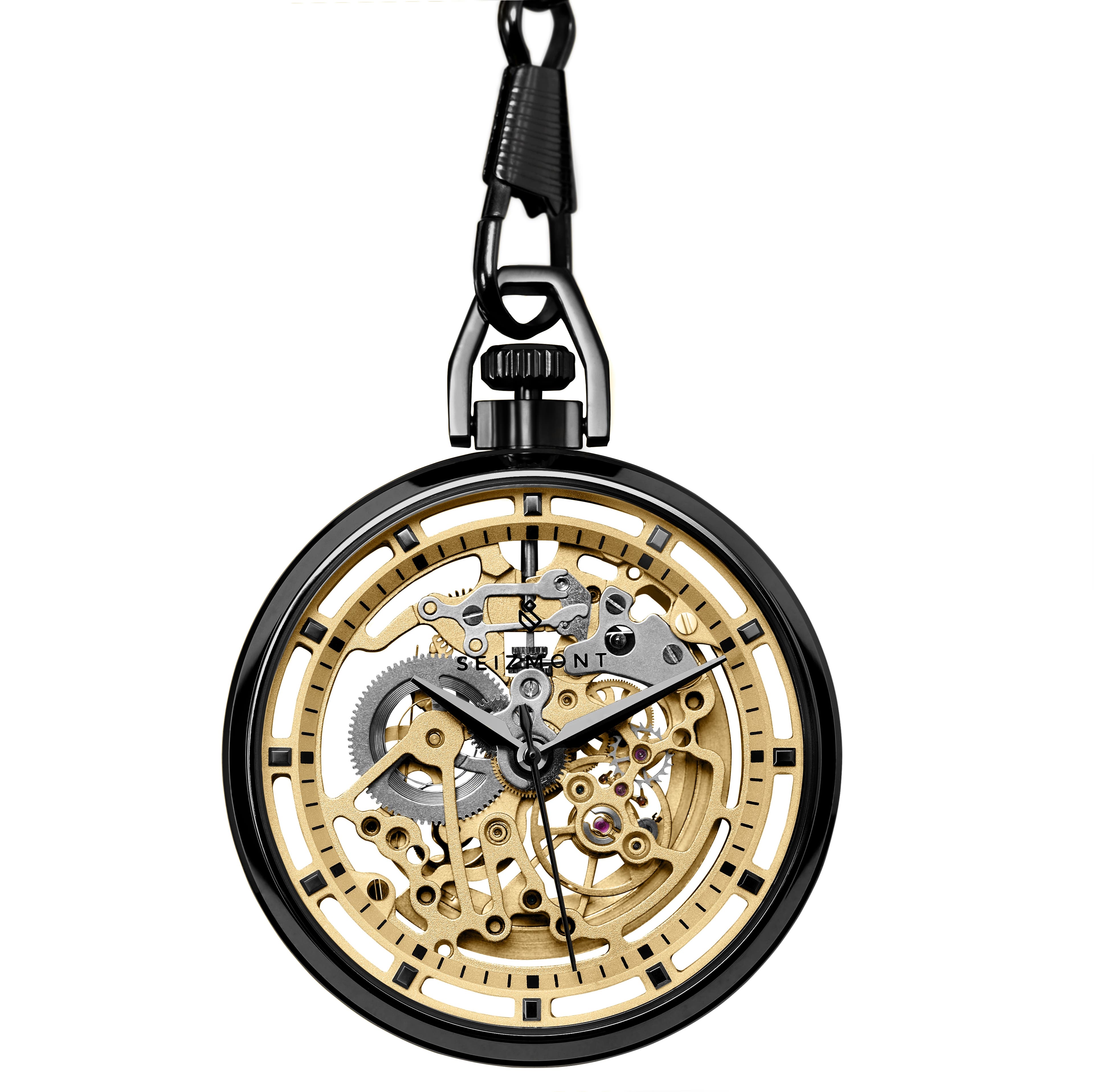 Agito | Black Stainless Steel Pocket Watch With Gold-Tone Movement