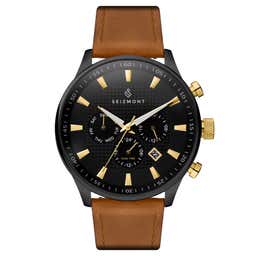 Troika II | Black Dual-Time Watch With Black Dial & Golden Brown Leather Strap