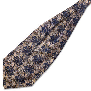 Zijden stropdassjaal met blauw en goud paisleymotief Zijden stropdassjaal met blauw en goud paisleymotief