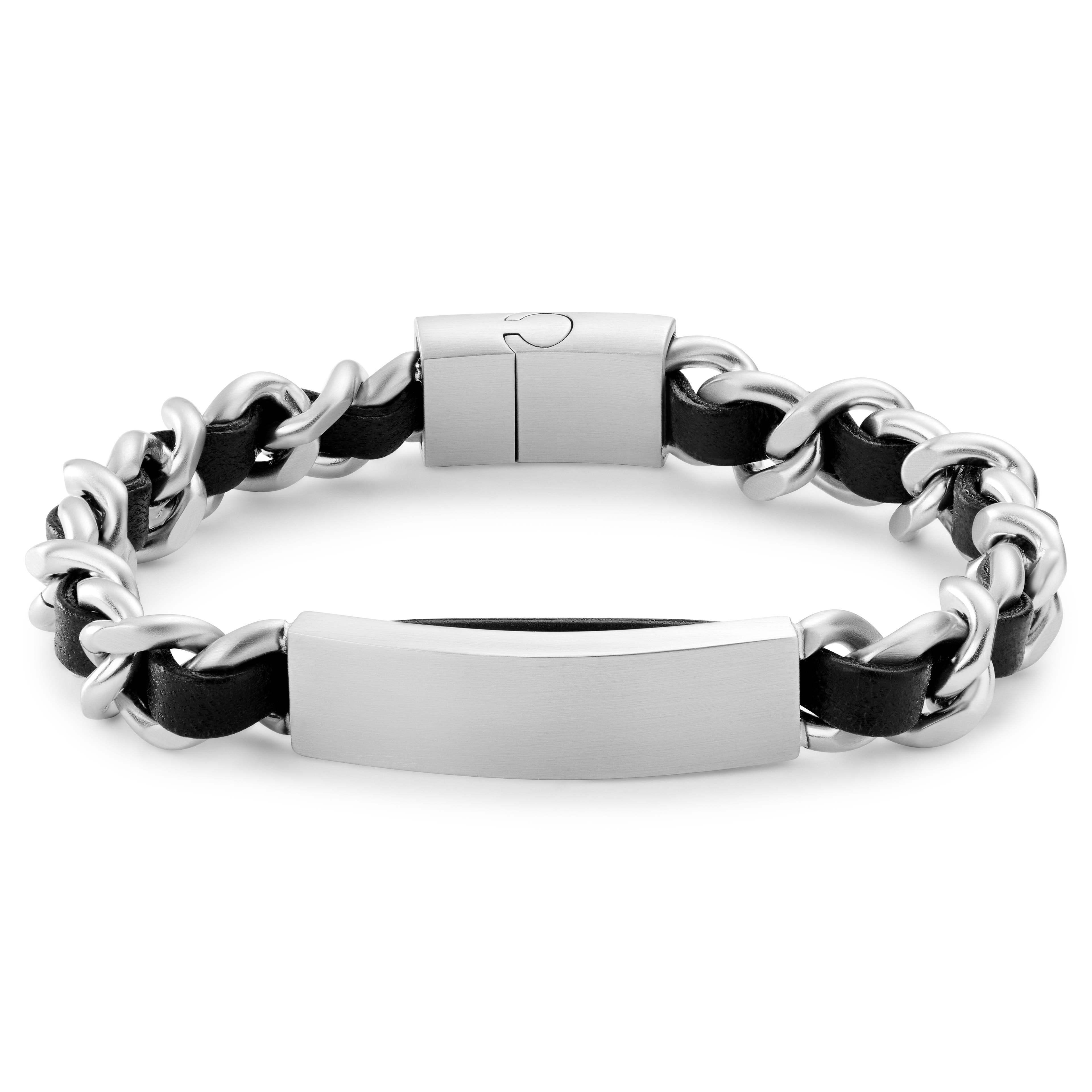 Nomen | Bracelet chaîne en métal argenté et en cuir avec plaque d'identification 