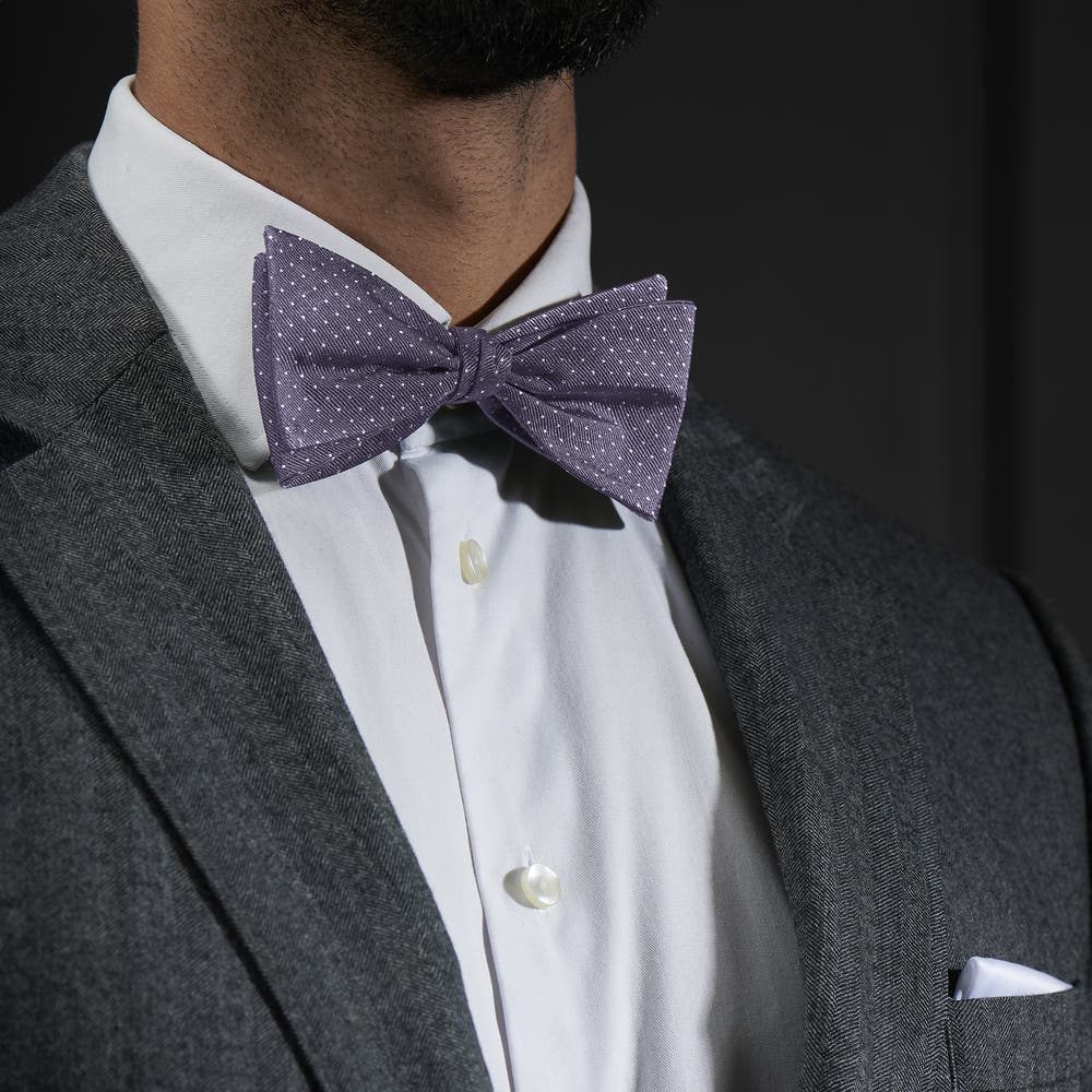 hover: Grey Polka Dot Silk Self-Tie Bow Tie hover: Grey Polka Dot Silk Self-Tie Bow Tie