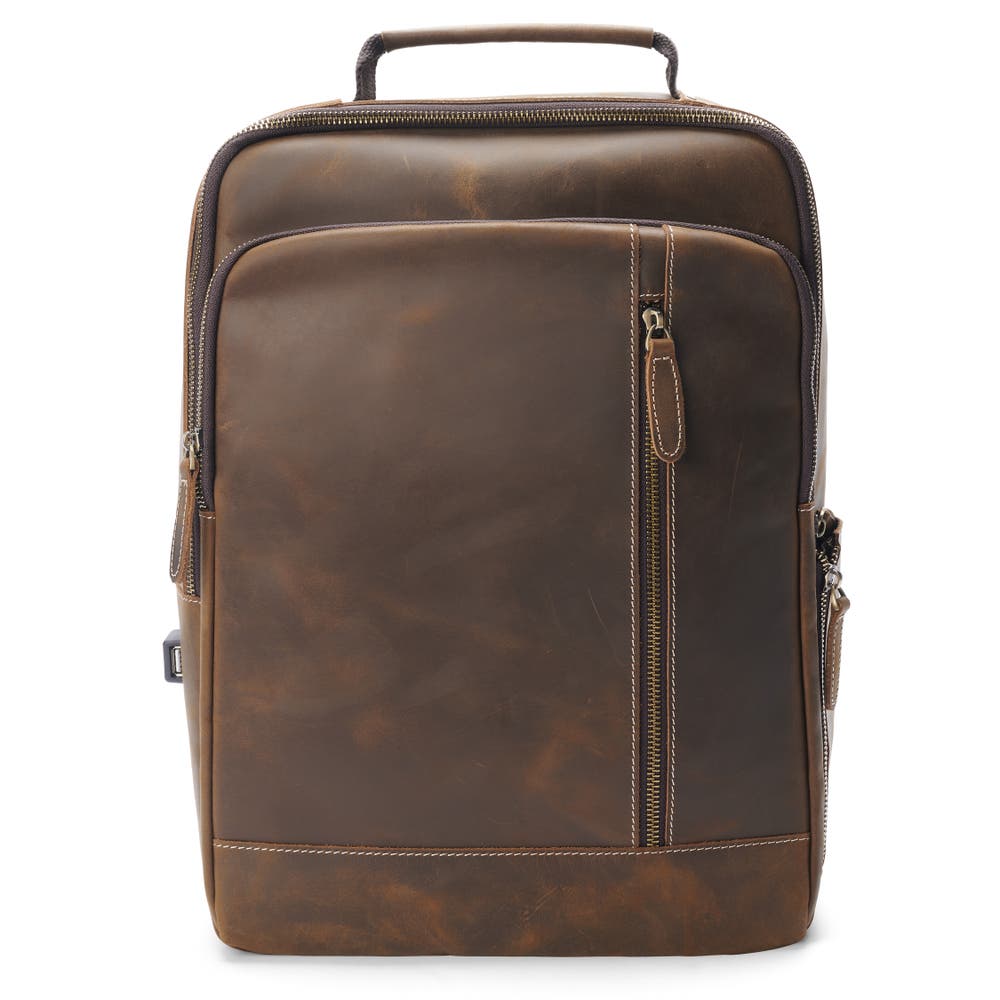 hover: Brown Vintage Leather Laptop Backpack with Charging Port hover: Brown Vintage Leather Laptop Backpack with Charging Port