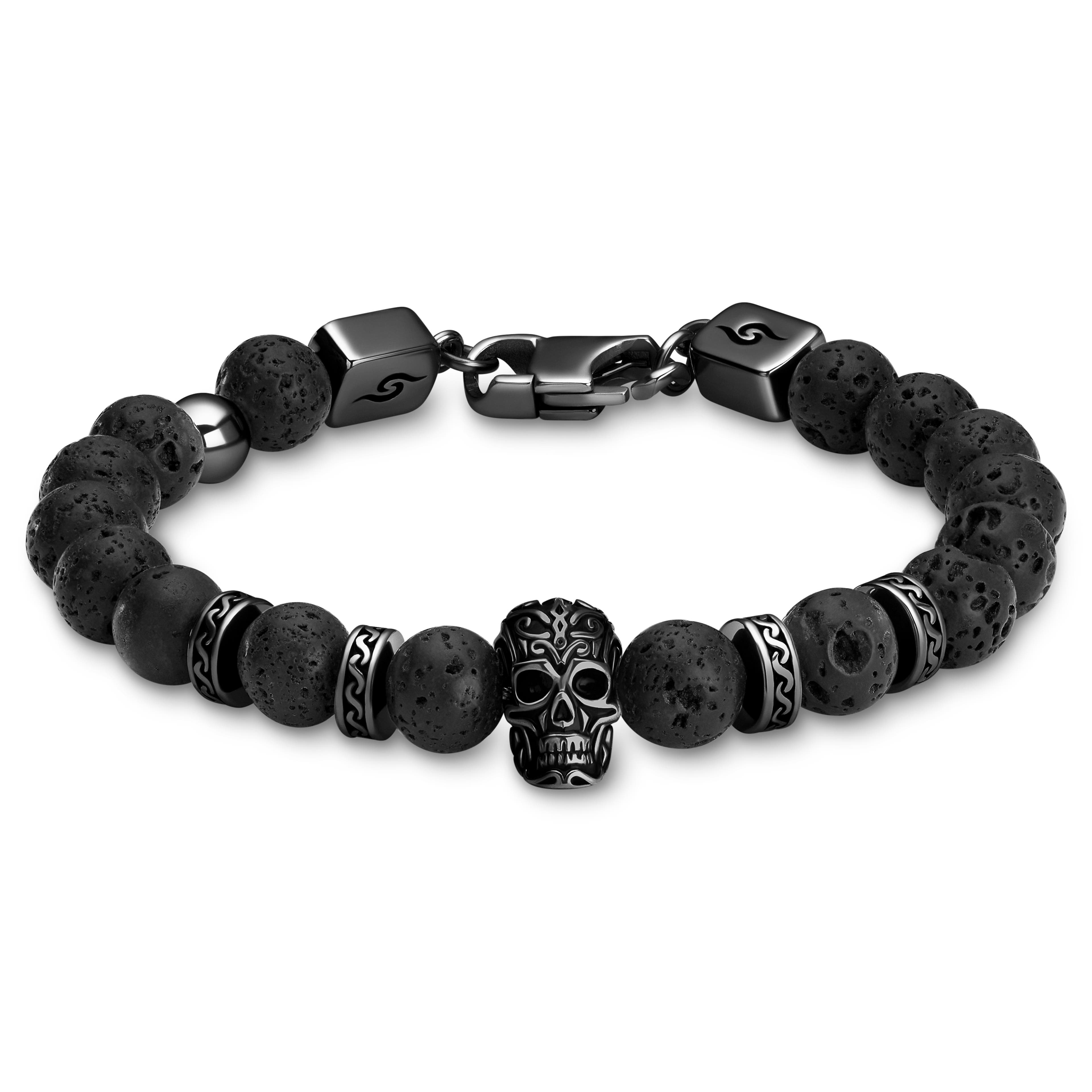 Rico | Lava Stone & Black Stainless Steel Skull Bracelet