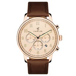 Pluto | Rose Gold-Tone Chronograph Watch With Rose Gold-Tone Dial & Brown Leather Strap