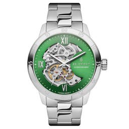 Dante II | Skeletové hodinky stříbrné barvy se zeleným číselníkem