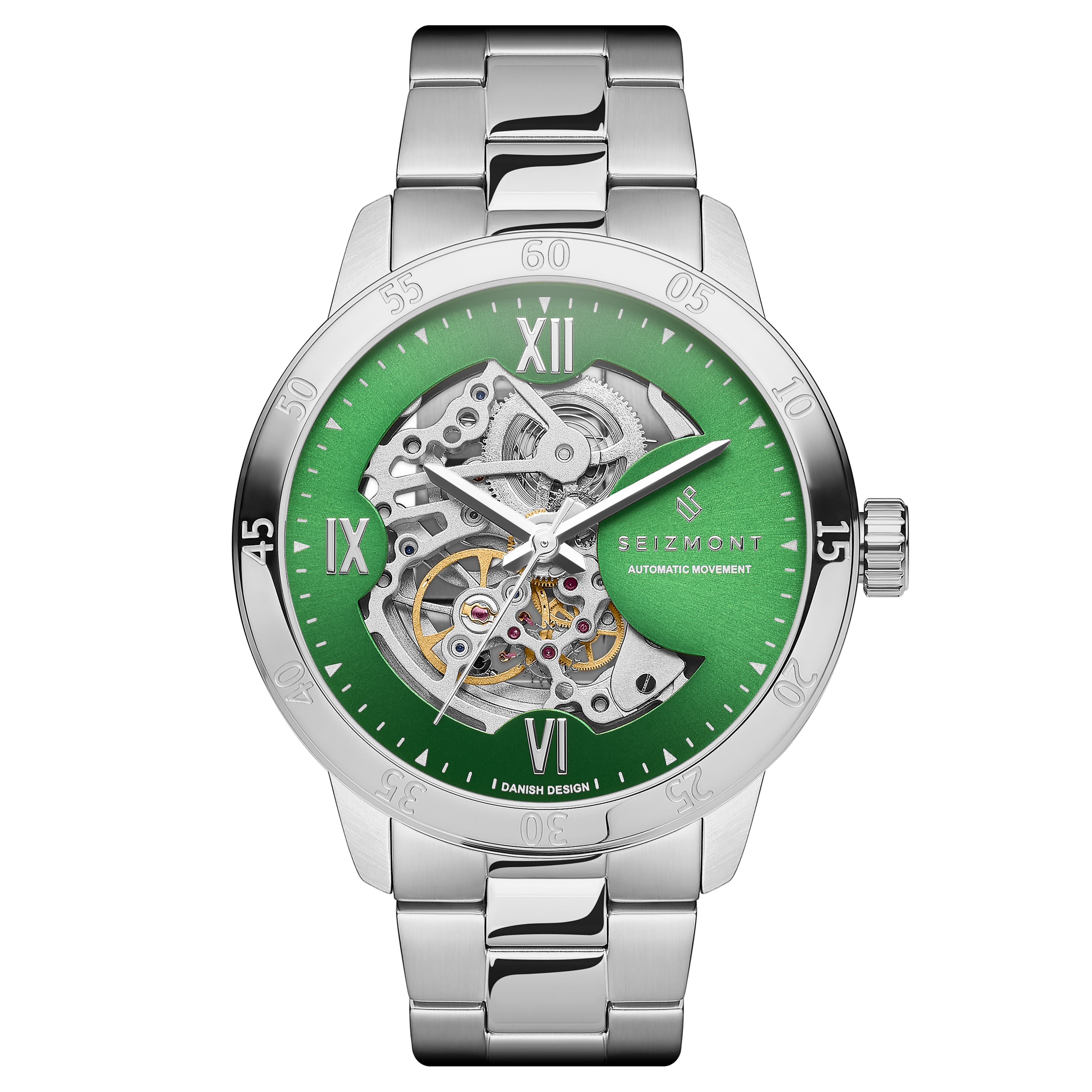 Dante II | Skeletové hodinky v striebornej farbe so zeleným ciferníkom