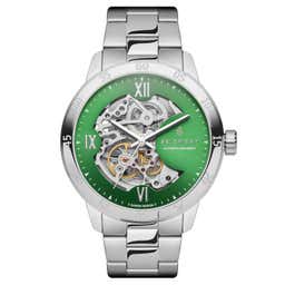 Dante II | Сребрист часовник с видим механизъм и зелен циферблат