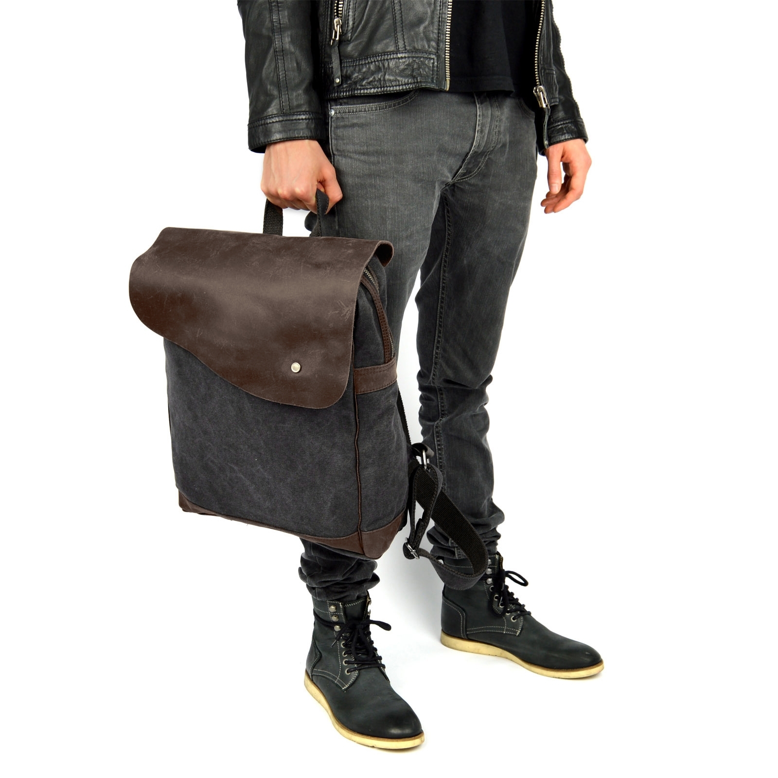 Retro Charcoal Gray Canvas & Dark Leather Backpack - 3