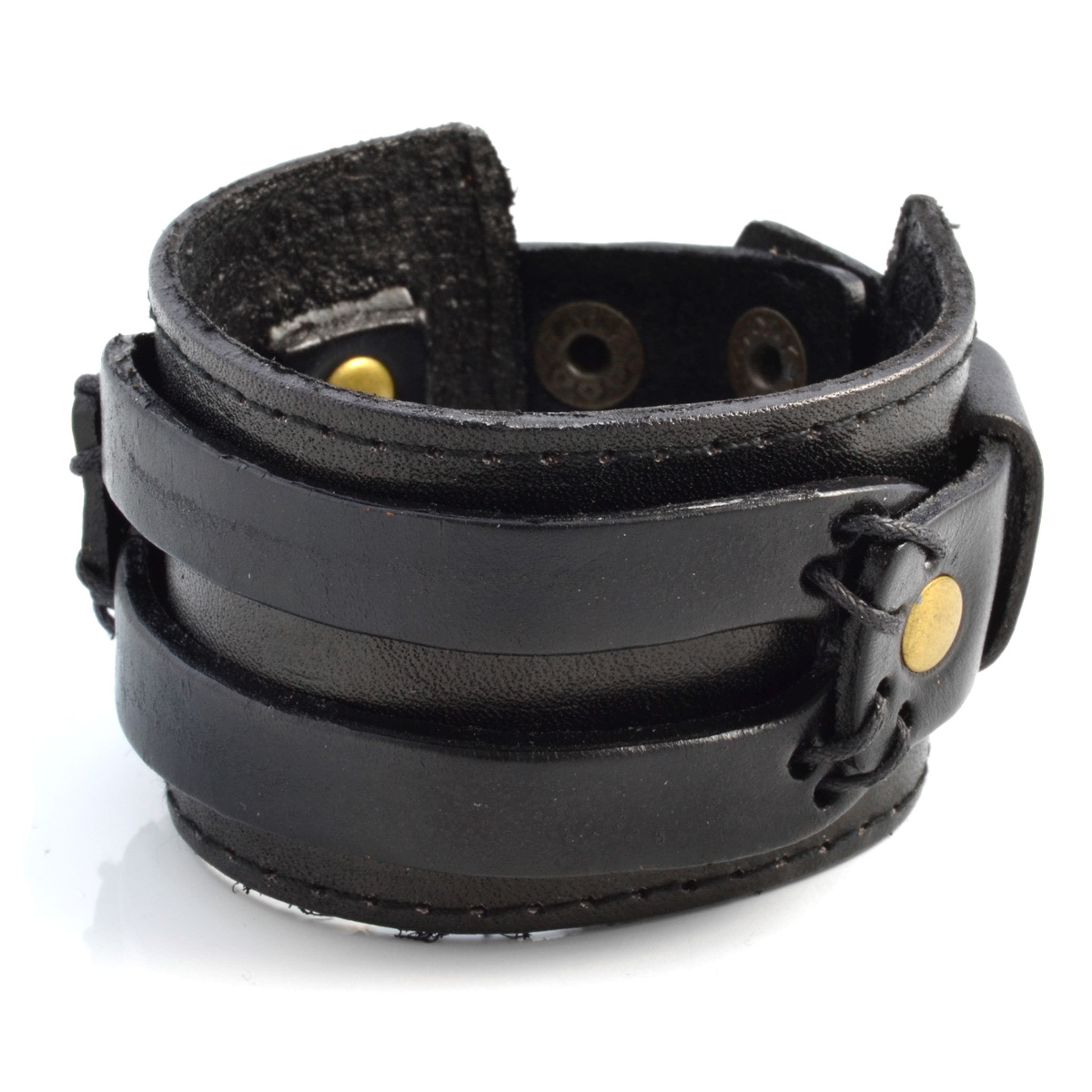 Bracelet large en cuir noir à 2 bandes