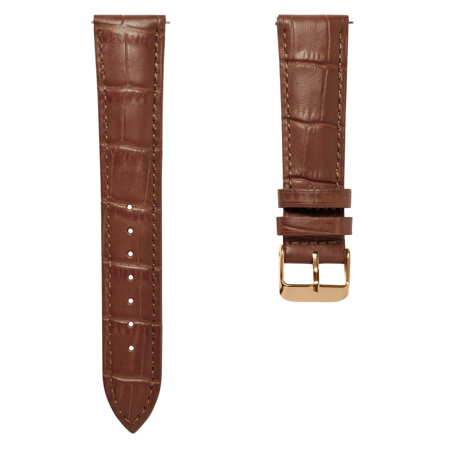 Pulseira de Relógio em Pele Castanha com Relevo Crocodilo e Fivela Rosa Dourada de 18 mm - Libertação Rápida Pulseira de Relógio em Pele Castanha com Relevo Crocodilo e Fivela Rosa Dourada de 18 mm - Libertação Rápida