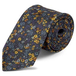 Boho | Dark Blue, Yellow & Orange Floral Pattern Silk Tie