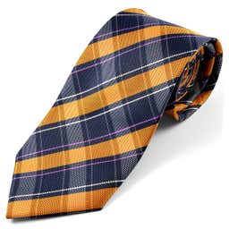 Corbata de seda a cuadros naranja y azul marino