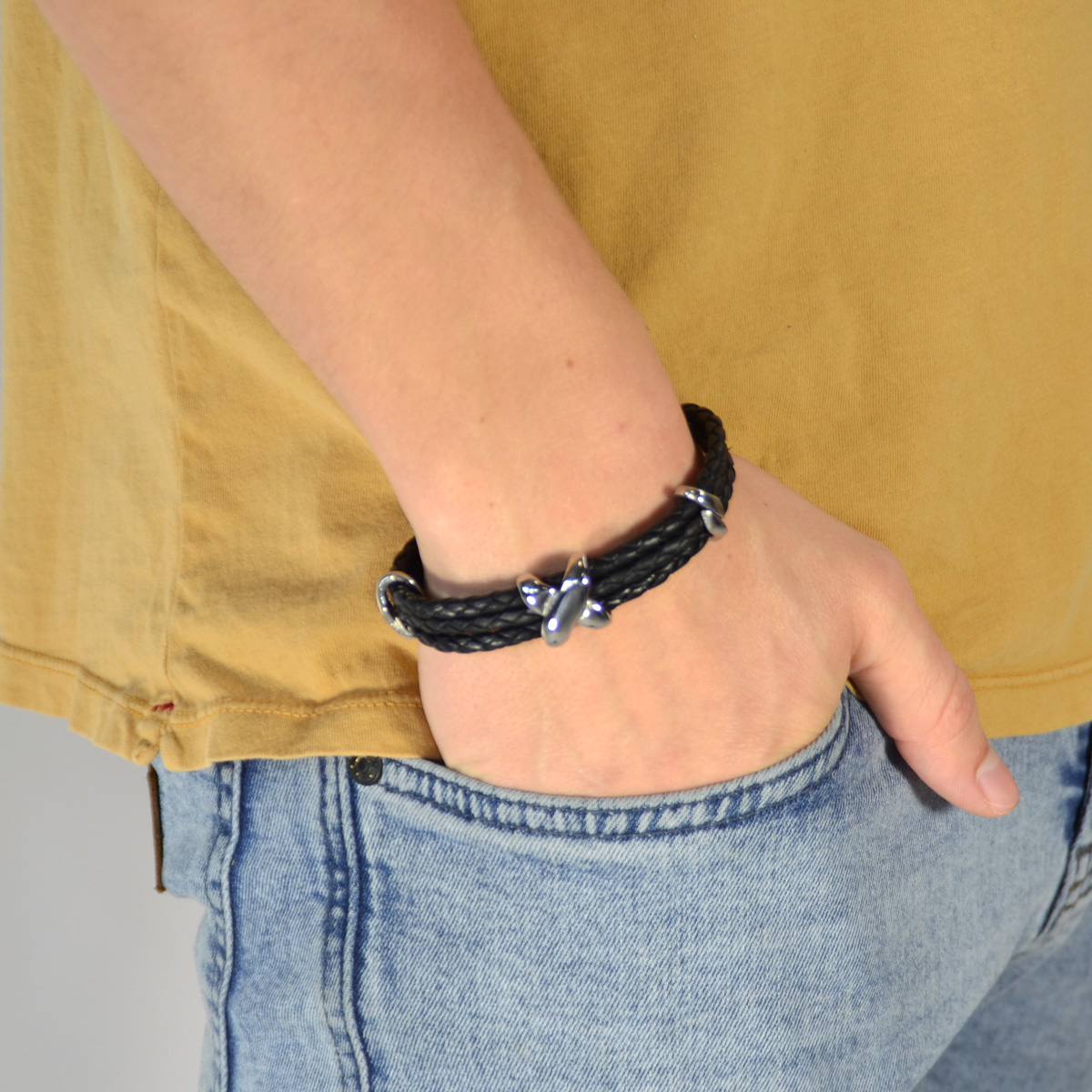 Trippelt Svart Boloflätat Läderarmband - 4