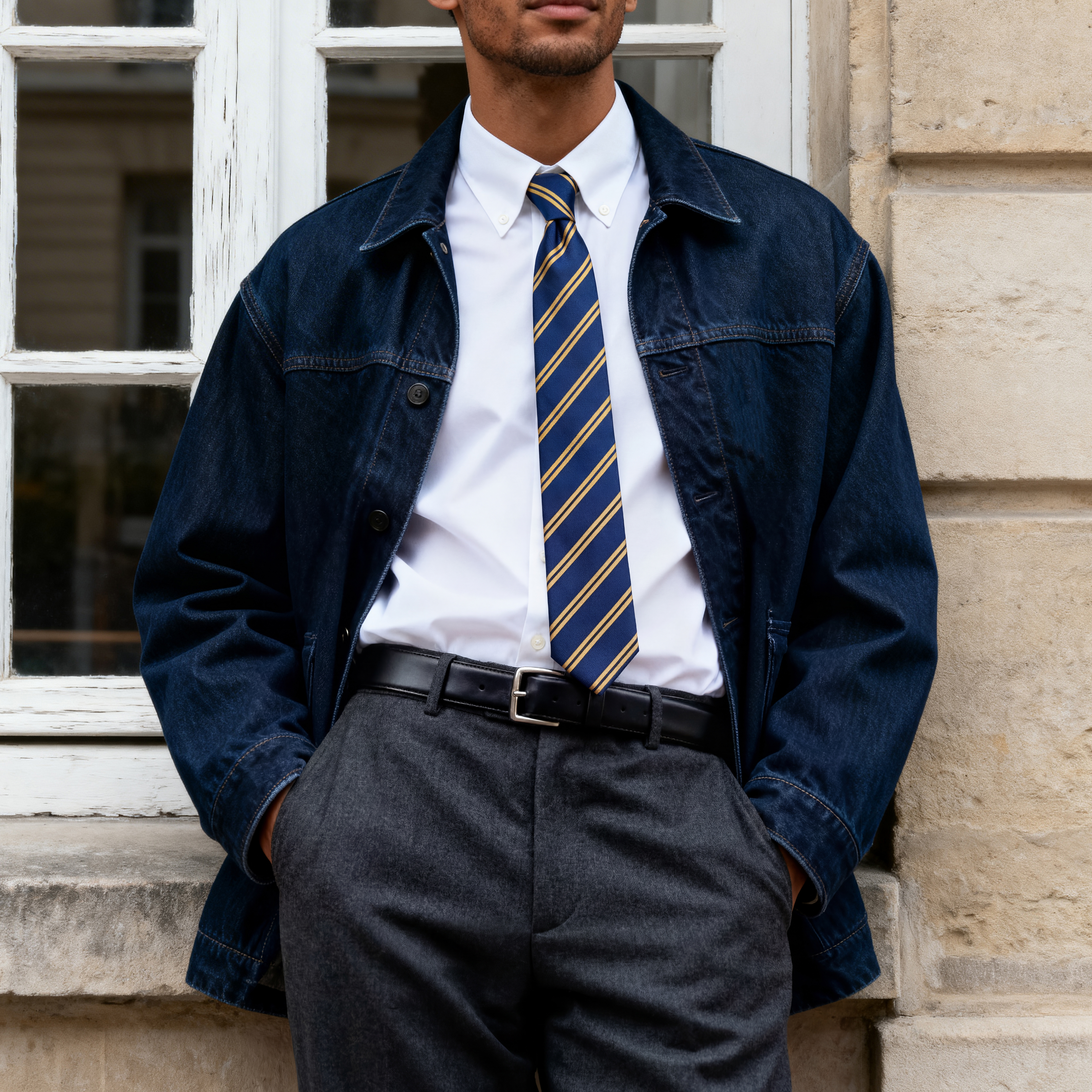 Zelta divu svītru tumši zilā zīda kaklasaite 8cm - 3