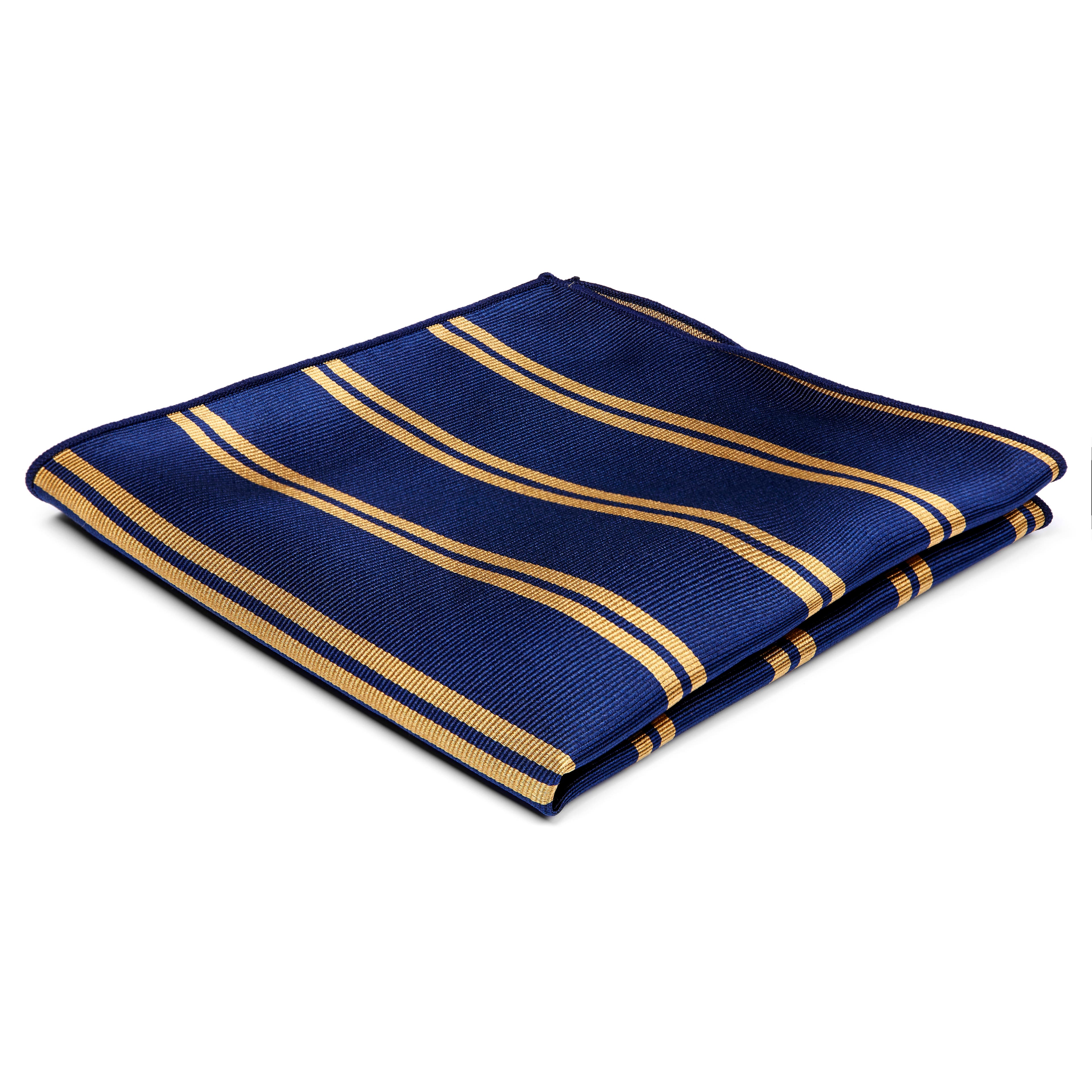 Marinblå Bröstnäsduk i Siden med Dubbla Guldfärgade Ränder